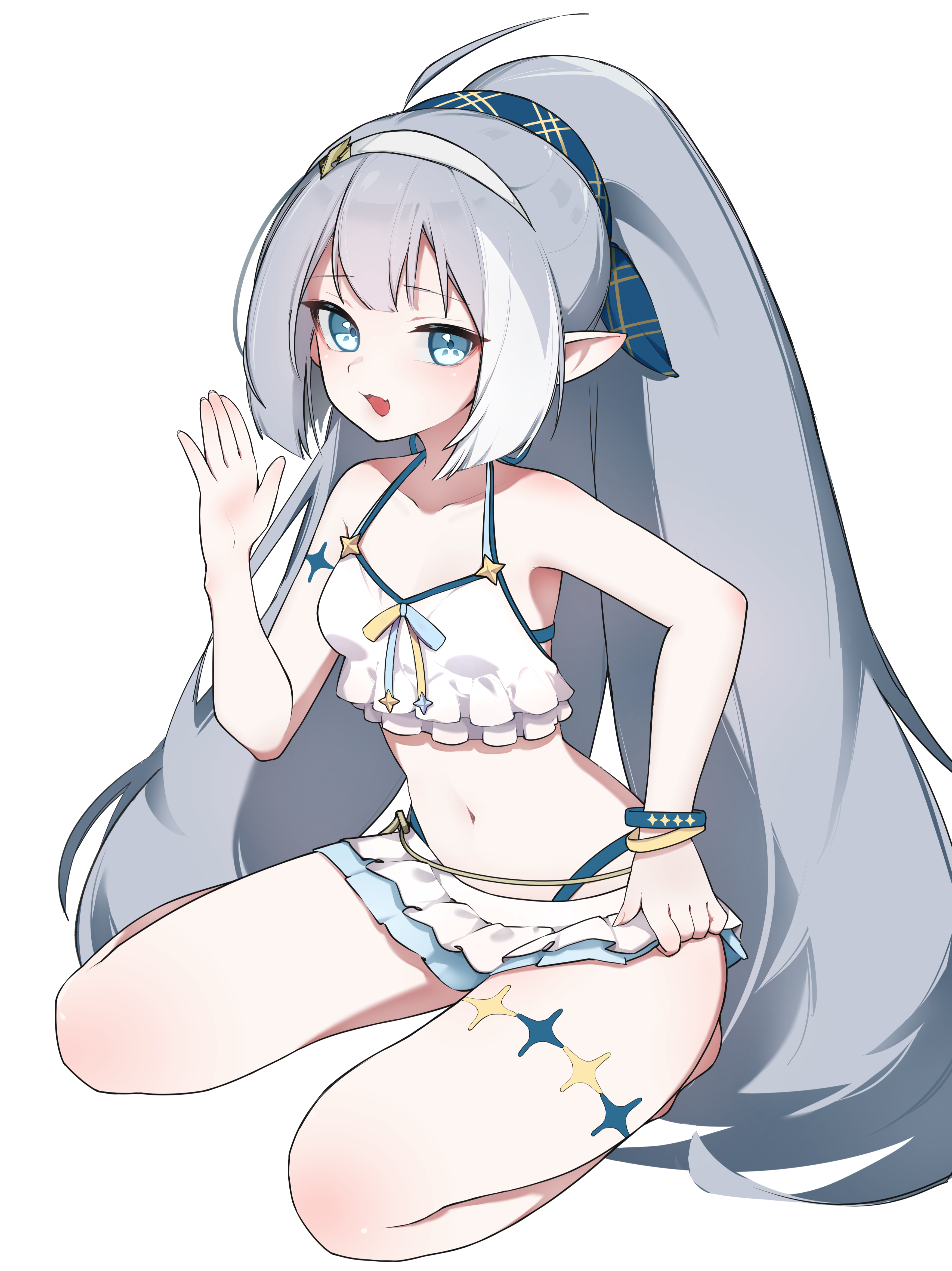 shiomikaze, female tyrant (stella sora), female tyrant (swimsuit) (stella sora), tyrant (stella sora), stella sora, absurdres, commentary request, highres, 1girl, ahoge, bare shoulders, bikini, bikini ribbon, blue eyes, blue hairband, blush, breasts, collarbone, frilled bikini, frills, grey hair, hair ornament, hairband, halterneck, key, long hair, looking at viewer, navel, official alternate costume, open mouth, pointy ears, ribbon, simple background, sitting, small breasts, solo, star (symbol), stomach, sweat, swimsuit, symbol-shaped pupils, thigh strap, thighs, two-tone ribbon, very long hair, white background, white bikini