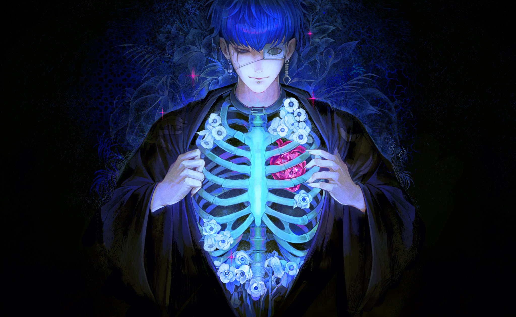 haidai qingtang (biology447), omokage yugamu, the hundred line -last defense academy-, chinese commentary, commentary request, highres, 1boy, black haori, black kimono, blue eyes, blue hair, earrings, exposed bone, eye print, eyepatch, face piercing, facial mark, flower, haori, heart (organ), japanese clothes, jewelry, kimono, looking down, male focus, open clothes, open kimono, piercing, print eyepatch, pulling own clothes, ribs, short hair, solo, white flower
