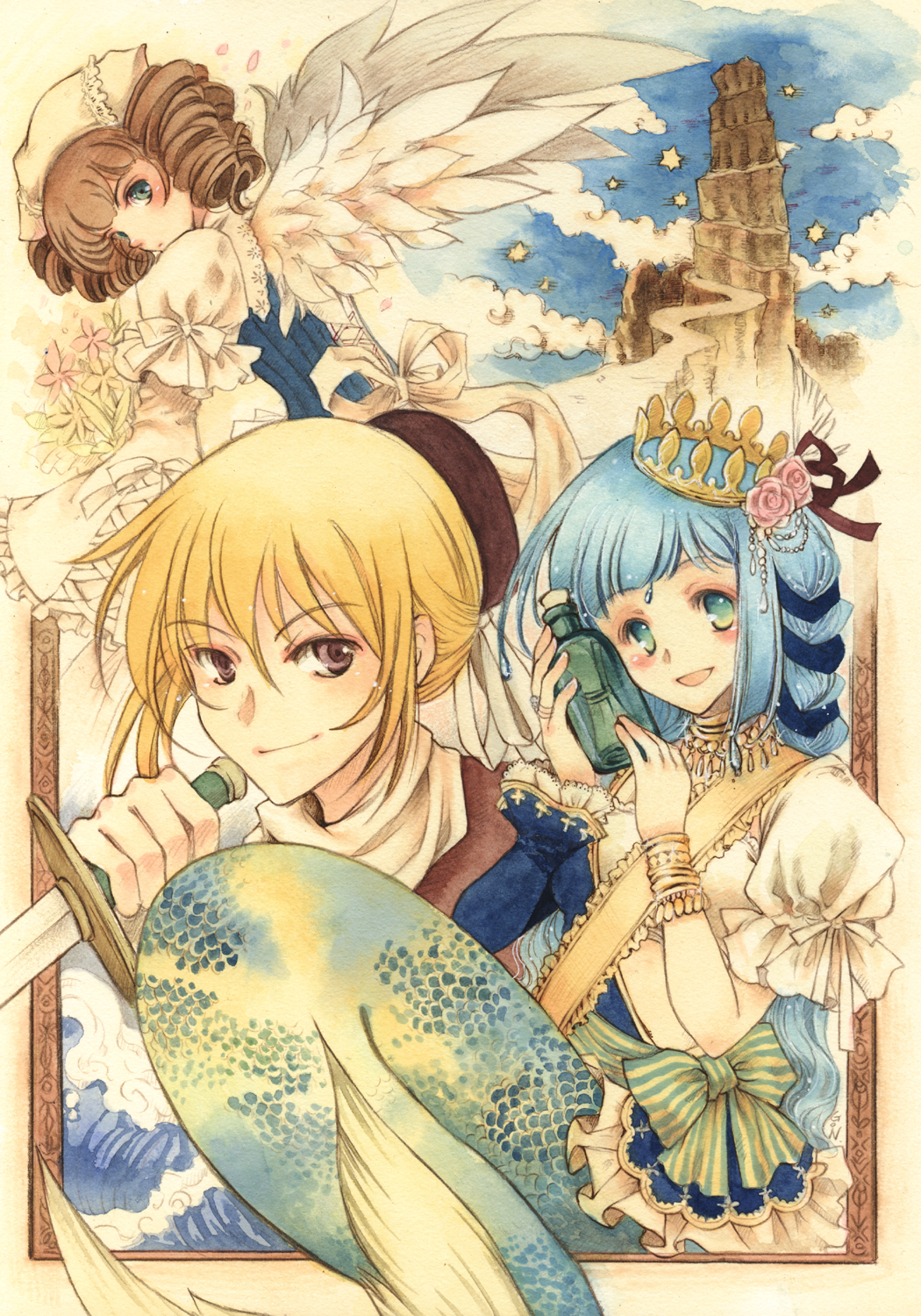 senkyoushi gondolf, original, bad id, bad pixiv id, highres, 1boy, 2girls, blonde hair, blue hair, blush, bottle, brown hair, cloud, crown, drill hair, everyone, flower, green eyes, hair flower, hair ornament, long hair, looking back, message in a bottle, multiple girls, purple eyes, ribbon, scroll, short hair, star (symbol), sword, tower, waves, weapon, wings