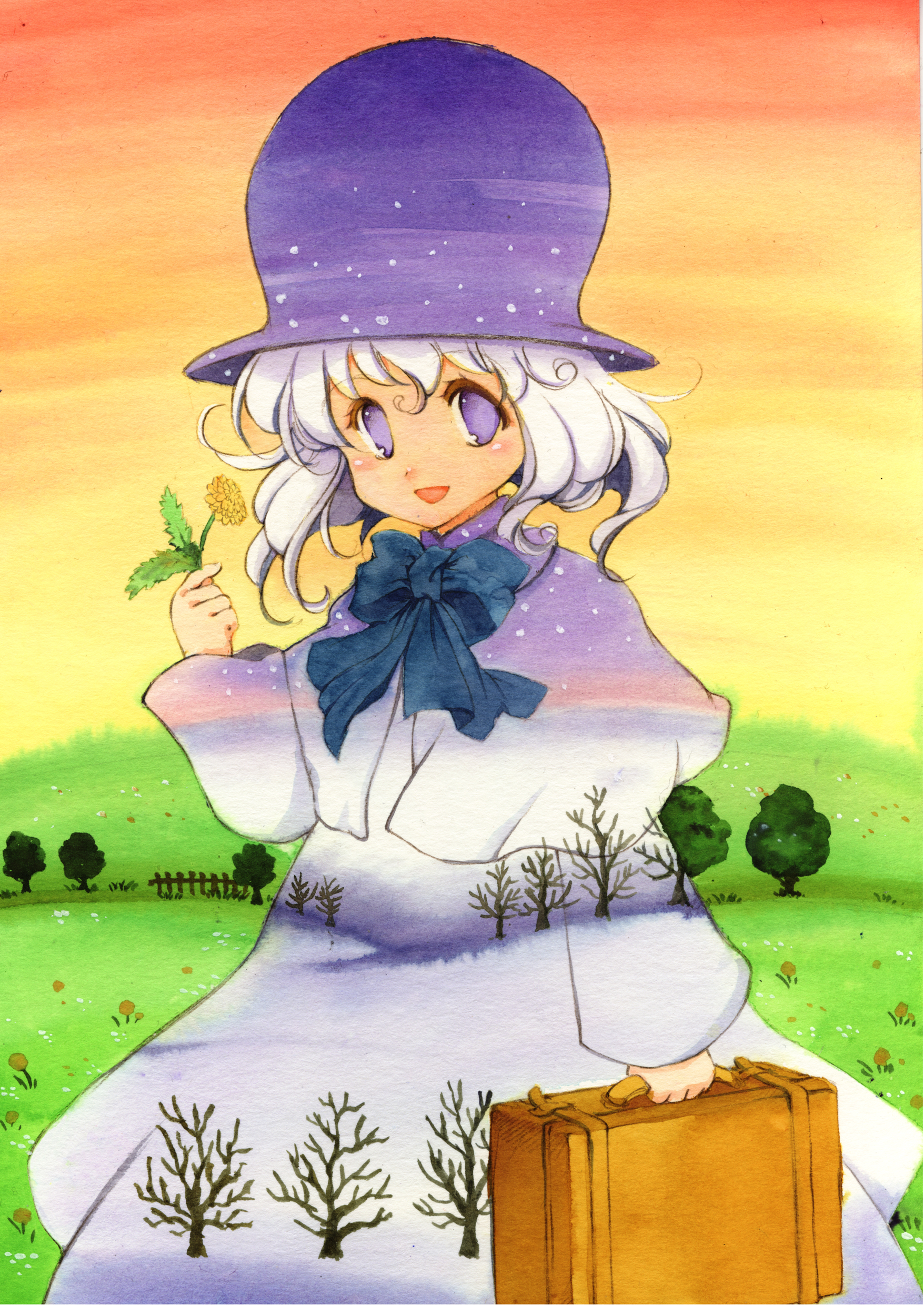 senkyoushi gondolf, original, absurdres, bad id, bad pixiv id, highres, 1girl, a world underneath, bare tree, capelet, dandelion, female focus, flower, grass, hat, purple eyes, ribbon, seasons, short hair, snow, solo, suitcase, sunset, surreal, tree, white hair, winter