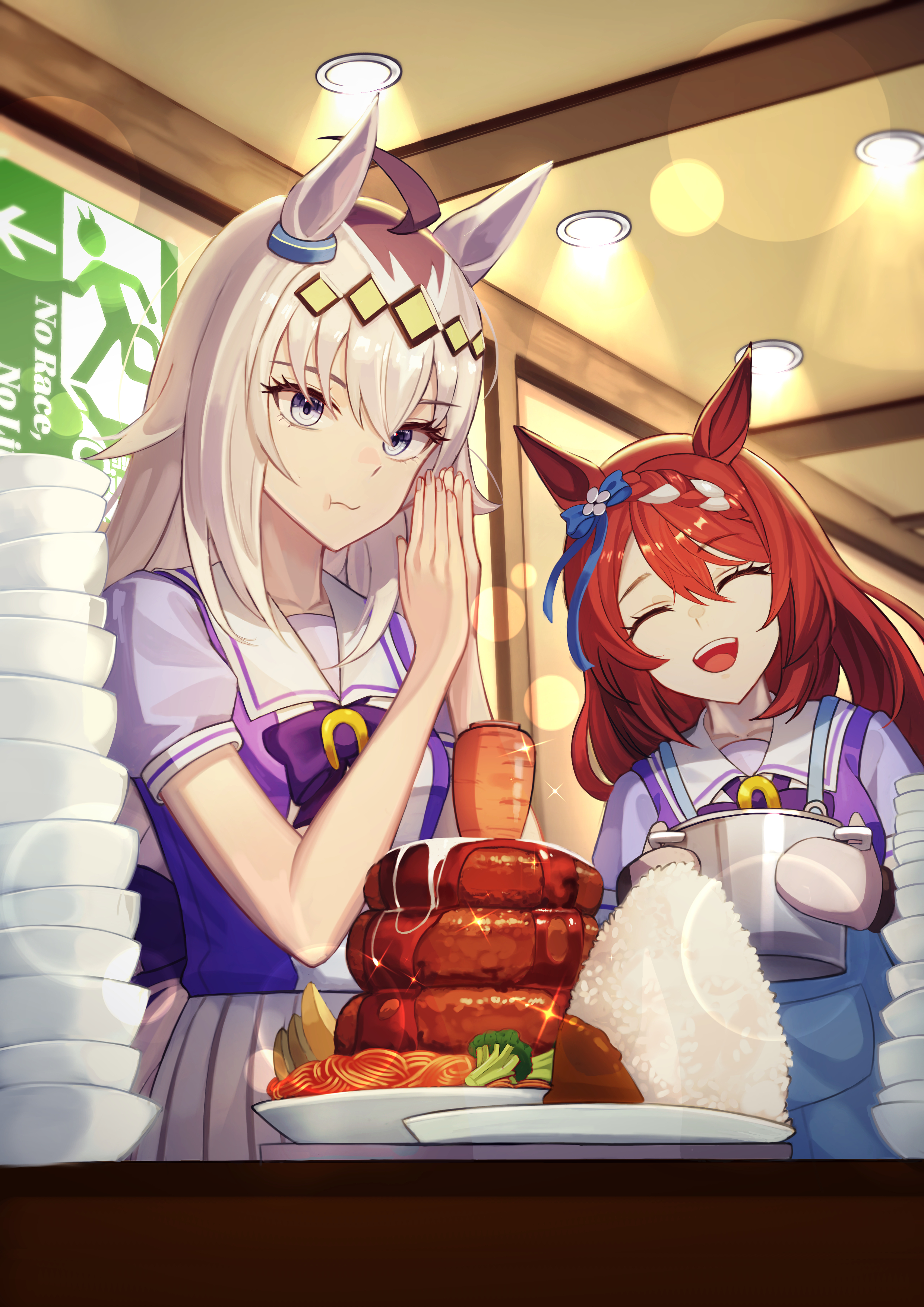 shiori (akasaka shiori), oguri cap (umamusume), super creek (umamusume), umamusume, absurdres, commentary request, highres, 2girls, ahoge, animal ears, apron, blue apron, blue bow, blue eyes, bow, bowl stack, bowtie, broccoli, brown hair, carrot hamburger steak, clasp, closed eyes, closed mouth, cooking pot, ear bow, ear ornament, eating, empty bowl, empty plate, food, glutton, grey hair, grey tail, hair between eyes, hair ornament, hairband, holding, holding cooking pot, horse ears, horse girl, horse tail, long hair, multicolored hair, multiple girls, noodles, open mouth, oven mitts, pleated skirt, puffy short sleeves, puffy sleeves, purple bow, purple bowtie, purple shirt, rice, sailor collar, sailor shirt, school uniform, shirt, short sleeves, skirt, smile, streaked hair, tail, tracen school uniform, very long hair, white hair, white sailor collar, white skirt