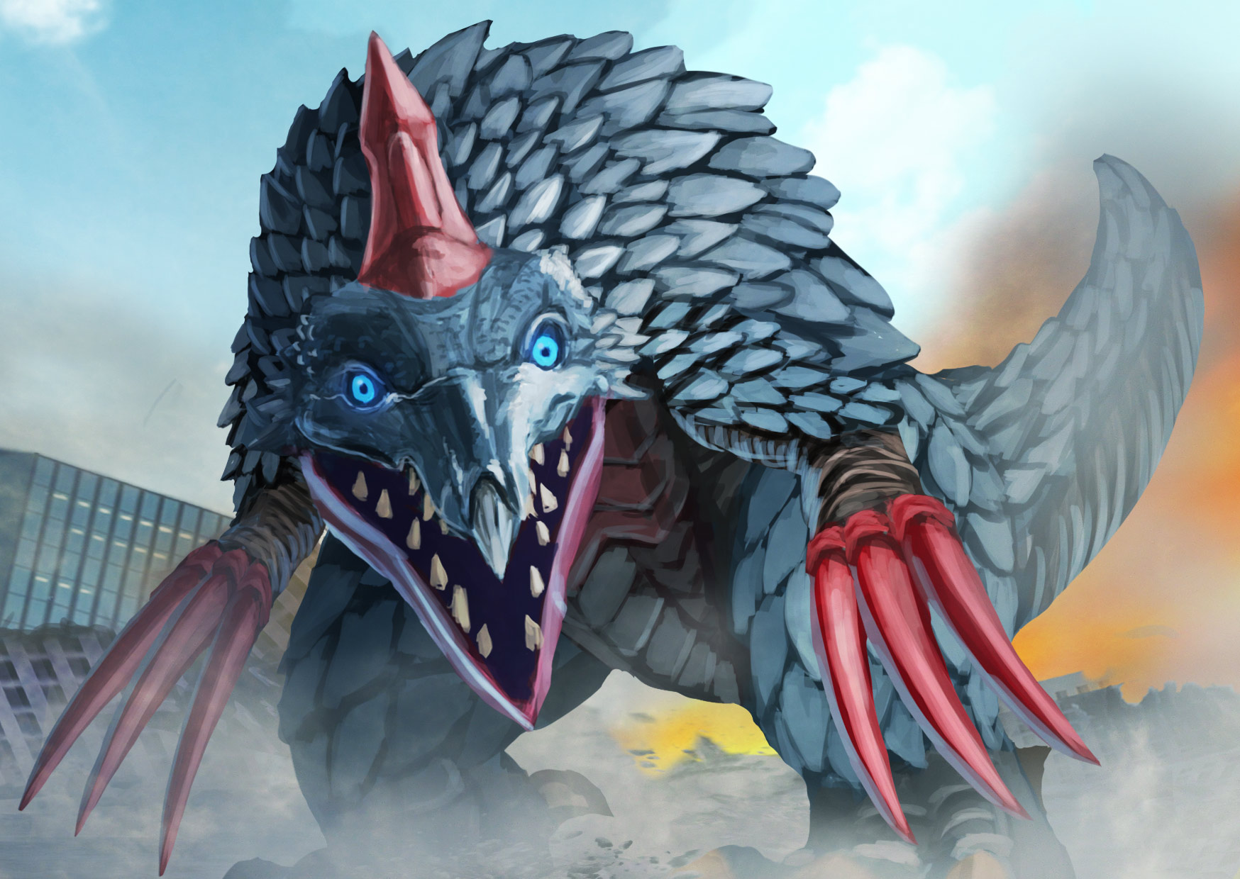 yamakazema, tokusatsu, ultra series, ultraman omega (series), commentary request, highres, partial commentary, 1other, beak, blue eyes, blue sky, building, clawed hands, claws, cloud, day, debris, giant, giant monster, glowing, glowing eyes, horns, hunched over, kaiju, long claws, looking at viewer, no humans, open mouth, outdoors, red claws, rock, ruins, scales, sharp teeth, single horn, sky, smoke, solo, standing, tail, teeth, therizirus, toe claws, window