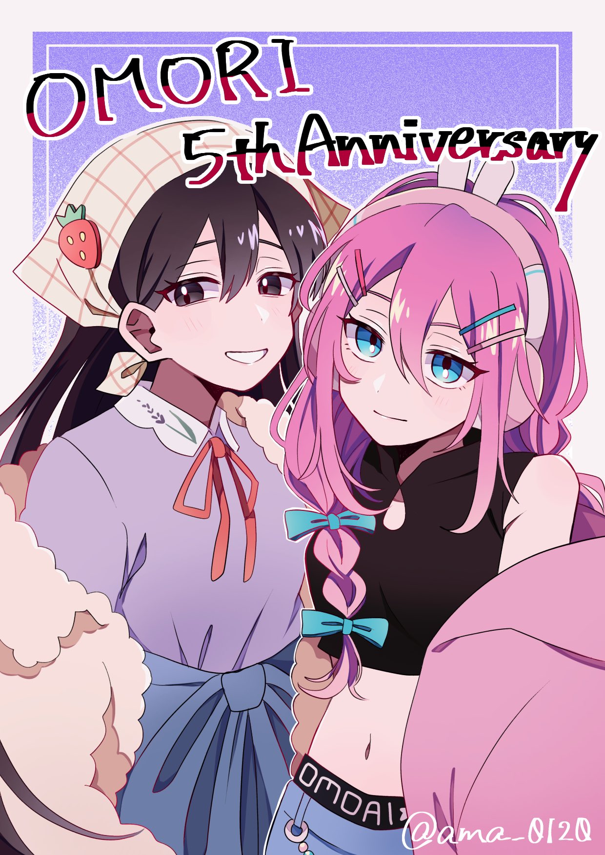 amane (ama yzk00), aubrey (birthday) (omori), aubrey (faraway) (omori), aubrey (omori), mari (birthday) (omori), mari (faraway) (omori), mari (omori), omori, commentary request, highres, 2girls, animal ear headphones, animal ears, anniversary, black eyes, black hair, blue bow, blue eyes, blue shorts, bow, braid, cardigan, closed mouth, collared shirt, crop top, double-parted bangs, english text, fake animal ears, hair between eyes, hair bow, hair ornament, hairclip, headphones, headscarf, jacket, long hair, looking at viewer, low twin braids, multiple girls, navel, official alternate costume, official alternate hairstyle, open cardigan, open clothes, open jacket, open mouth, parallel hairclips, pink cardigan, pink hair, purple shirt, rabbit ear headphones, rabbit ears, shirt, shorts, sidelocks, smile, twin braids, twitter username, white headscarf, white jacket