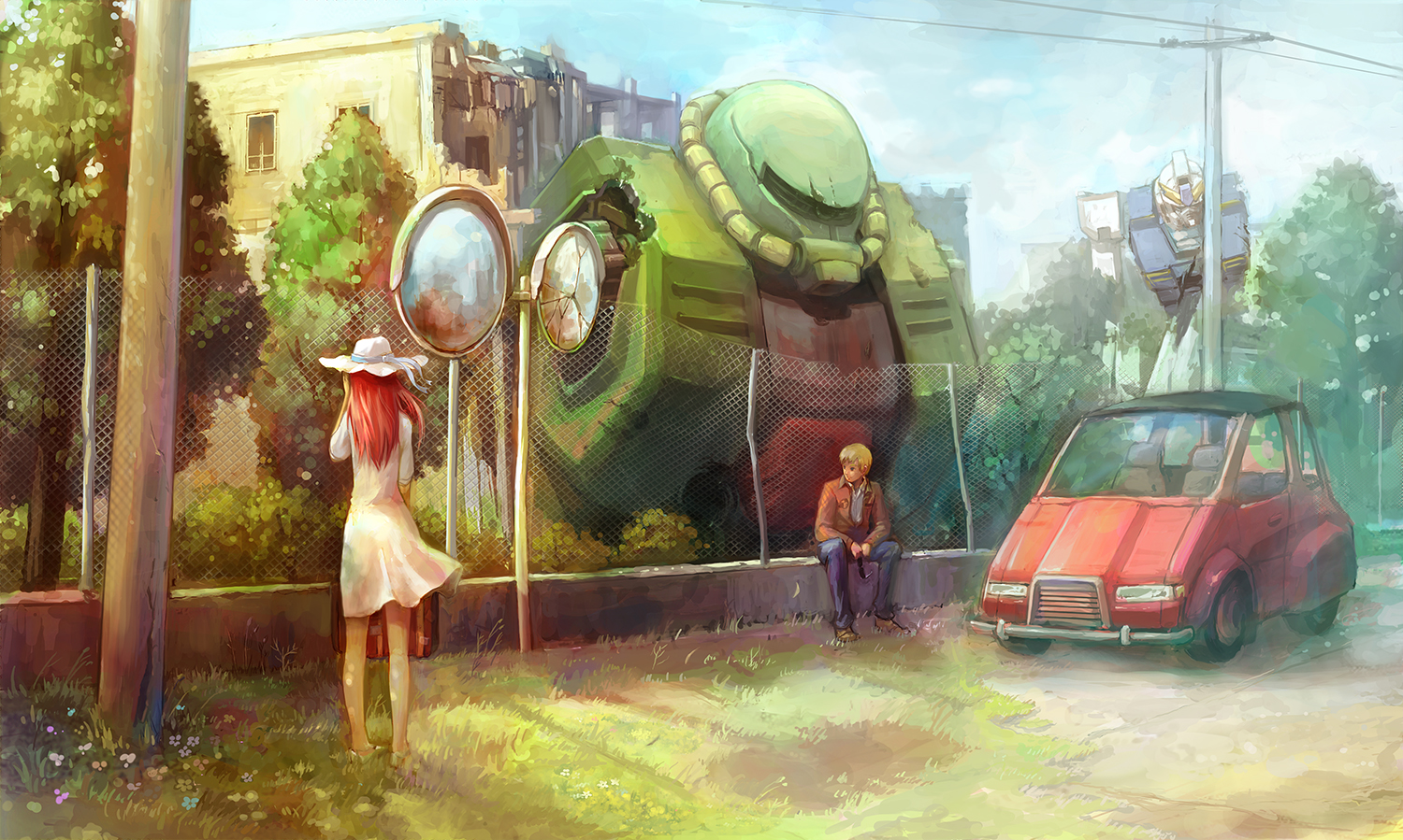 g tong, bernard wiseman, christina mackenzie, gundam alex, zaku, zaku ii, zaku ii fz kai, gundam, gundam 0080, 1980s (style), 1boy, 1girl, alternate universe, blonde hair, broken, broken glass, broken mirror, building, car, chain-link fence, collateral damage, damaged, denim, dress, fence, from behind, glass, good end, hat, jacket, jeans, mecha, mirror, motor vehicle, oldschool, pants, power lines, red hair, retro artstyle, robot, sitting, suitcase, sunglasses, traffic mirror, wind