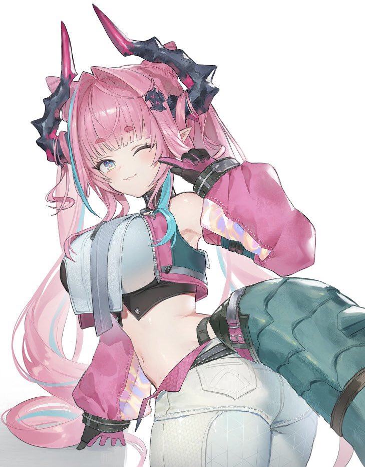 pimi, yvonne (arknights), arknights, arknights: endfield, commentary request, 1girl, blue eyes, breasts, dragon girl, dragon horns, dragon tail, horns, large breasts, long hair, looking at viewer, midriff, pants, pink hair, solo, tail, white pants