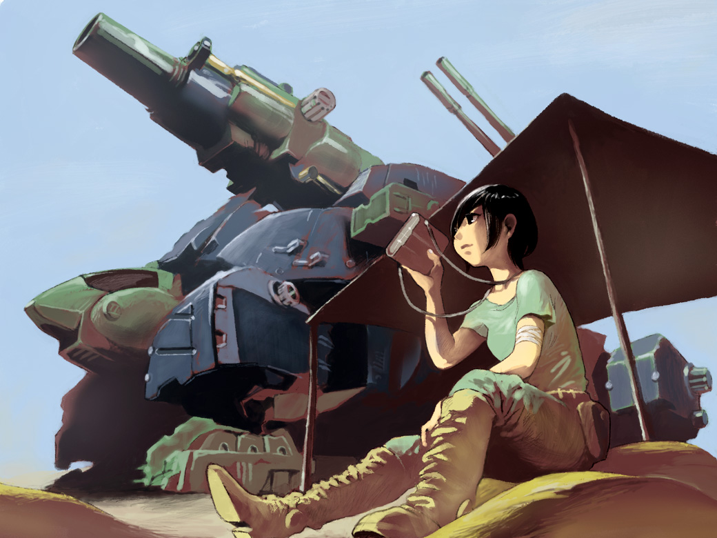 pomodorosa, cannon tortoise, zoids, 1girl, bandages, binoculars, black hair, boots, cannon, canopy (shelter), desert, holster, mecha, robot, short hair, tent