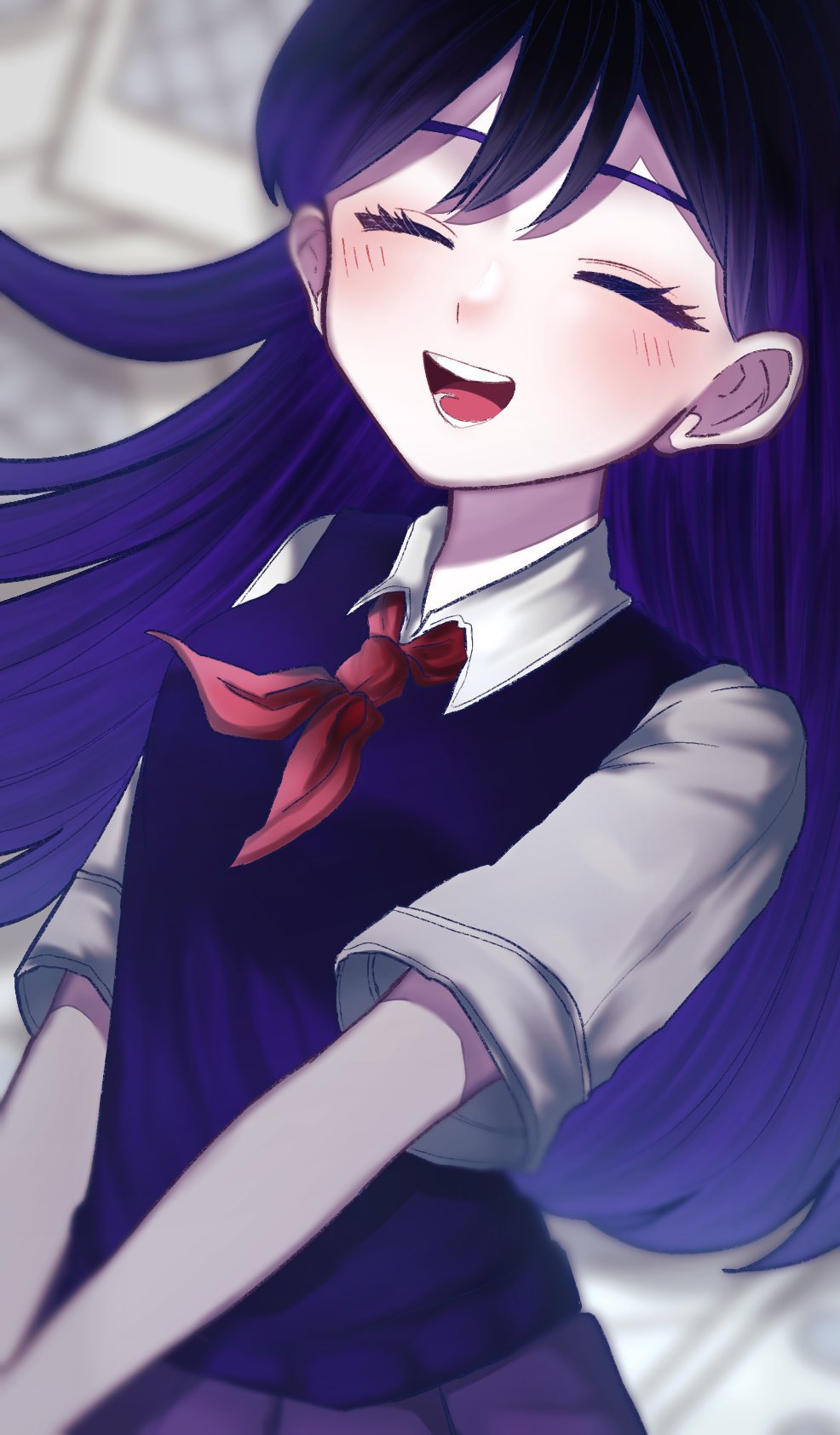 mari (headspace) (omori), mari (omori), omori, bad id, bad twitter id, highres, 1girl, closed eyes, collared shirt, colored skin, double-parted bangs, hair between eyes, long hair, neckerchief, open mouth, pleated skirt, purple hair, purple sweater vest, red neckerchief, red skirt, shirt, short sleeves, skirt, solo, sweater vest, teeth, tongue, upper body, white shirt, white skin, yumeututu1111