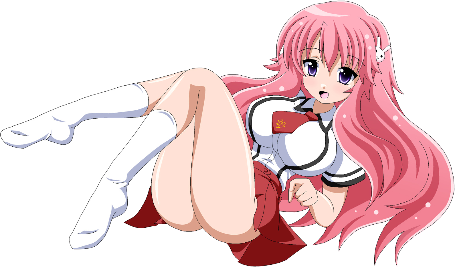himeji mizuki, baka to test to shoukanjuu, tagme, 1girl, blush, breasts, female focus, full body, legs, long hair, miniskirt, pink hair, school uniform, simple background, skirt, smile, solo, thighs