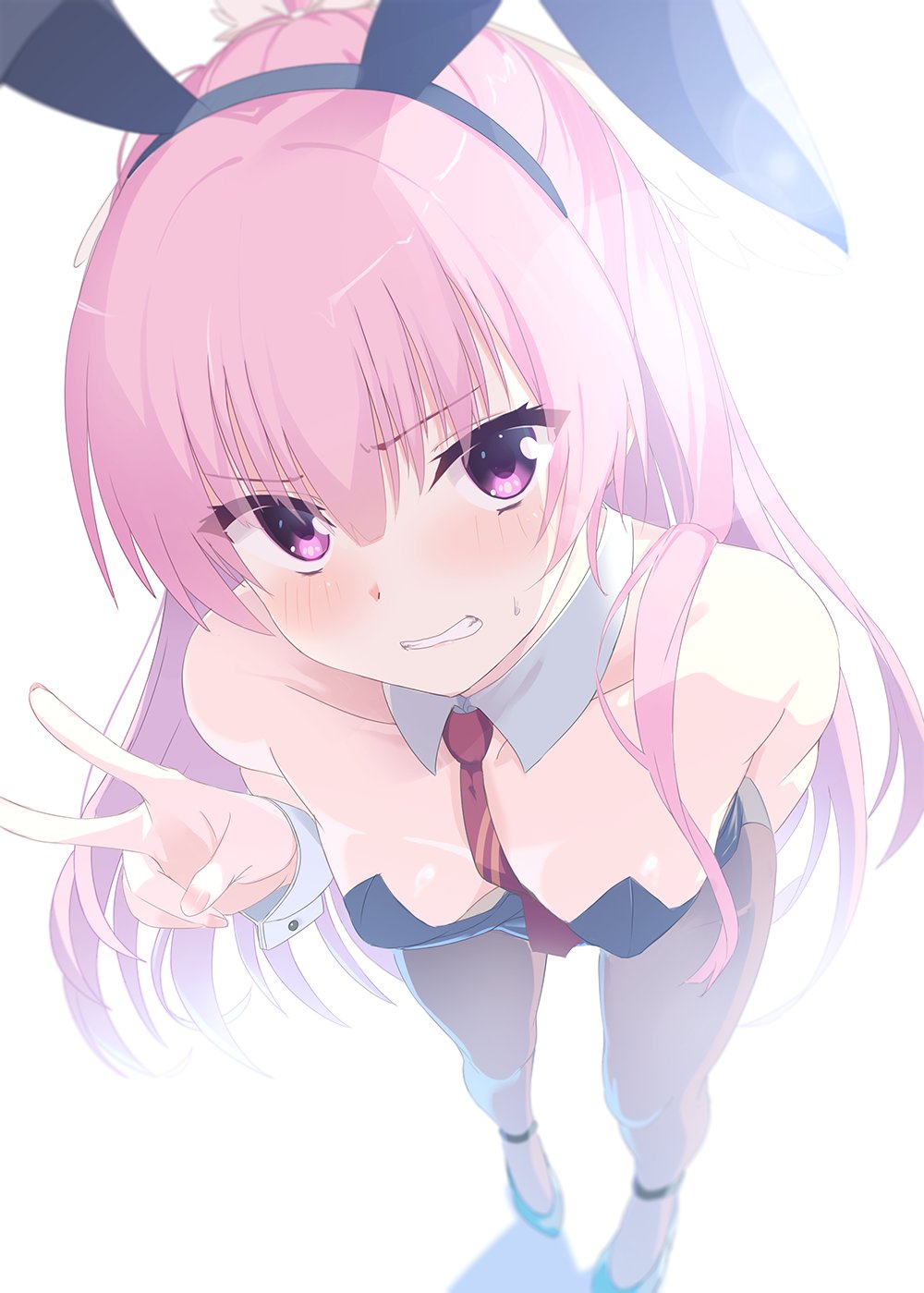 doruzou18, mitsukasa ayase, riddle joker, commentary request, highres, 1girl, alternate costume, angry, animal ear hairband, animal ears, arm behind back, backlighting, bare shoulders, between breasts, black hairband, black leotard, black pantyhose, black shoes, bloom, blunt bangs, blush, breasts, clenched teeth, collarbone, detached collar, eyelashes, eyes visible through hair, fake animal ears, fingernails, foreshortening, full body, hair between eyes, hair ornament, hair over shoulder, hairband, half updo, hand up, high heels, leaning forward, leotard, long hair, necktie, necktie between breasts, pantyhose, pink hair, playboy bunny, purple eyes, rabbit ear hairband, rabbit ears, red necktie, shoes, simple background, small breasts, solo, standing, straight hair, strapless, strapless leotard, sweatdrop, teeth, upturned eyes, v, v-shaped eyebrows, very long hair, white background, white wrist cuffs, wing hair ornament, wrist cuffs