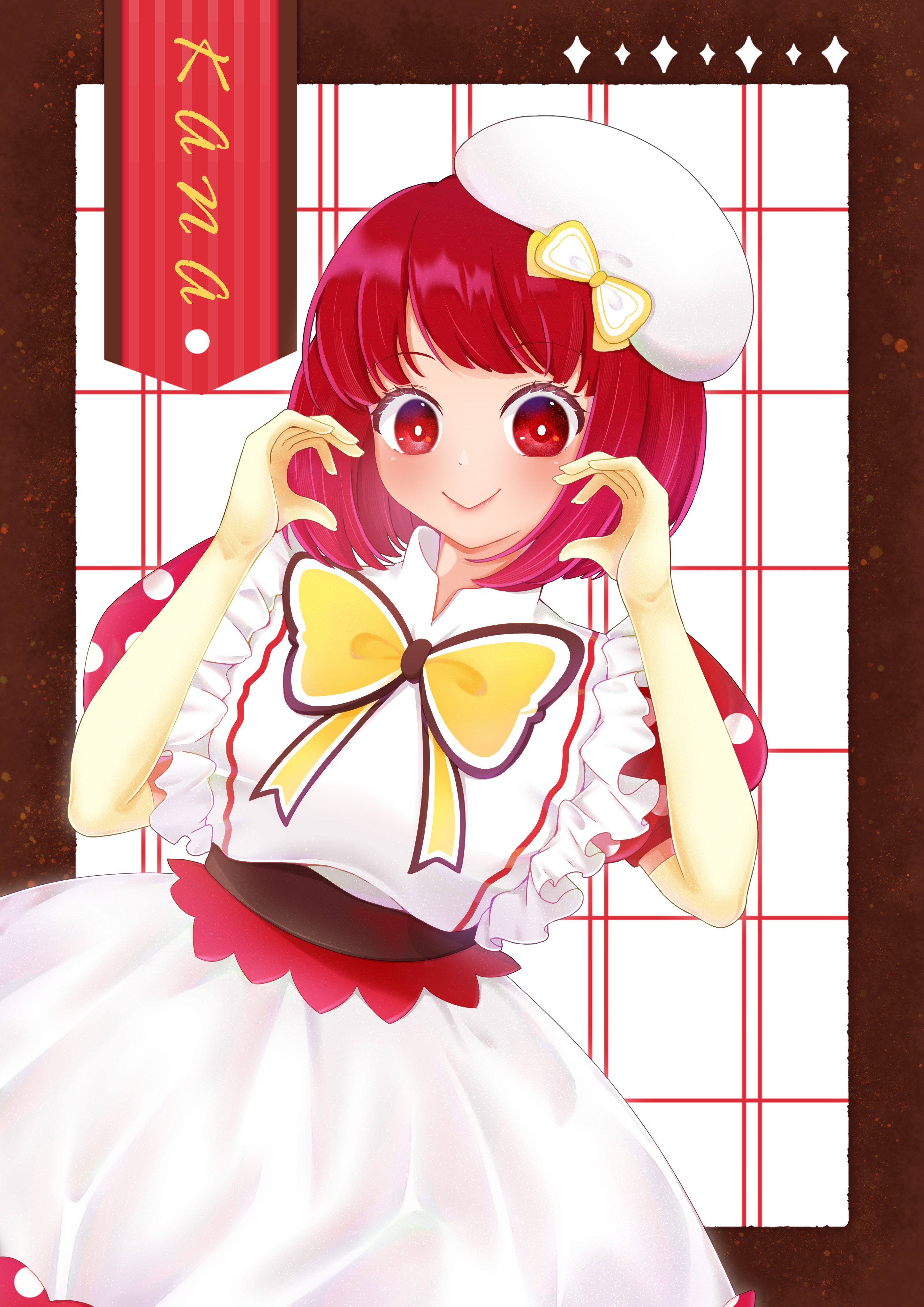 arima kana, oshi no ko, absurdres, commentary request, highres, 1girl, beret, blush, bob cut, bow, brown background, chest bow, closed mouth, dress, gloves, hat, hat ribbon, idol, idol clothes, inverted bob, kaede rei, looking at viewer, polka dot, polka dot dress, pop in 2, red eyes, red hair, ribbon, short hair, smile, solo, white background, yellow bow, yellow gloves