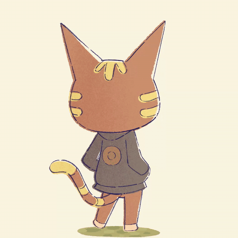 katt (animal crossing), animal crossing, nintendo, animated, animated gif, commentary, lowres, 1girl, animal ears, black jacket, blonde hair, brown fur, cat, cat ears, cat girl, cat tail, colored sclera, fangs, gold necklace, hands in pockets, jacket, jewelry, necklace, on grass, tabby cat, tail, tapping foot, yellow background, yellow sclera