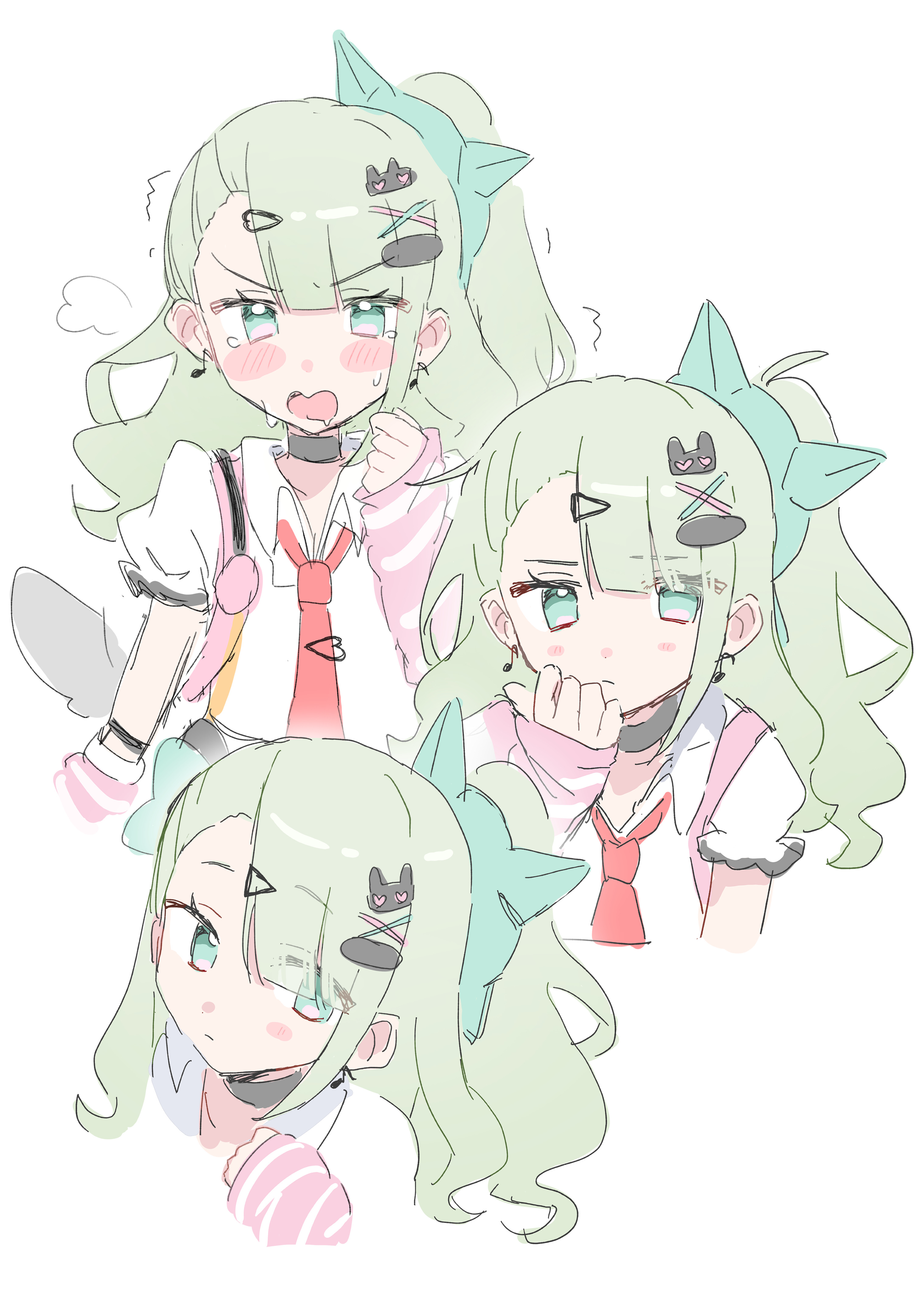 moe nayo, sunna (zenless zone zero), zenless zone zero, absurdres, commentary request, highres, 1girl, arm warmers, black choker, blush stickers, choker, closed mouth, collared shirt, green eyes, green hair, hair ornament, hairpin, heart, heart hair ornament, looking at viewer, medium hair, necktie, open mouth, pink arm warmers, ponytail, red necktie, shirt, solo, white shirt, x hair ornament