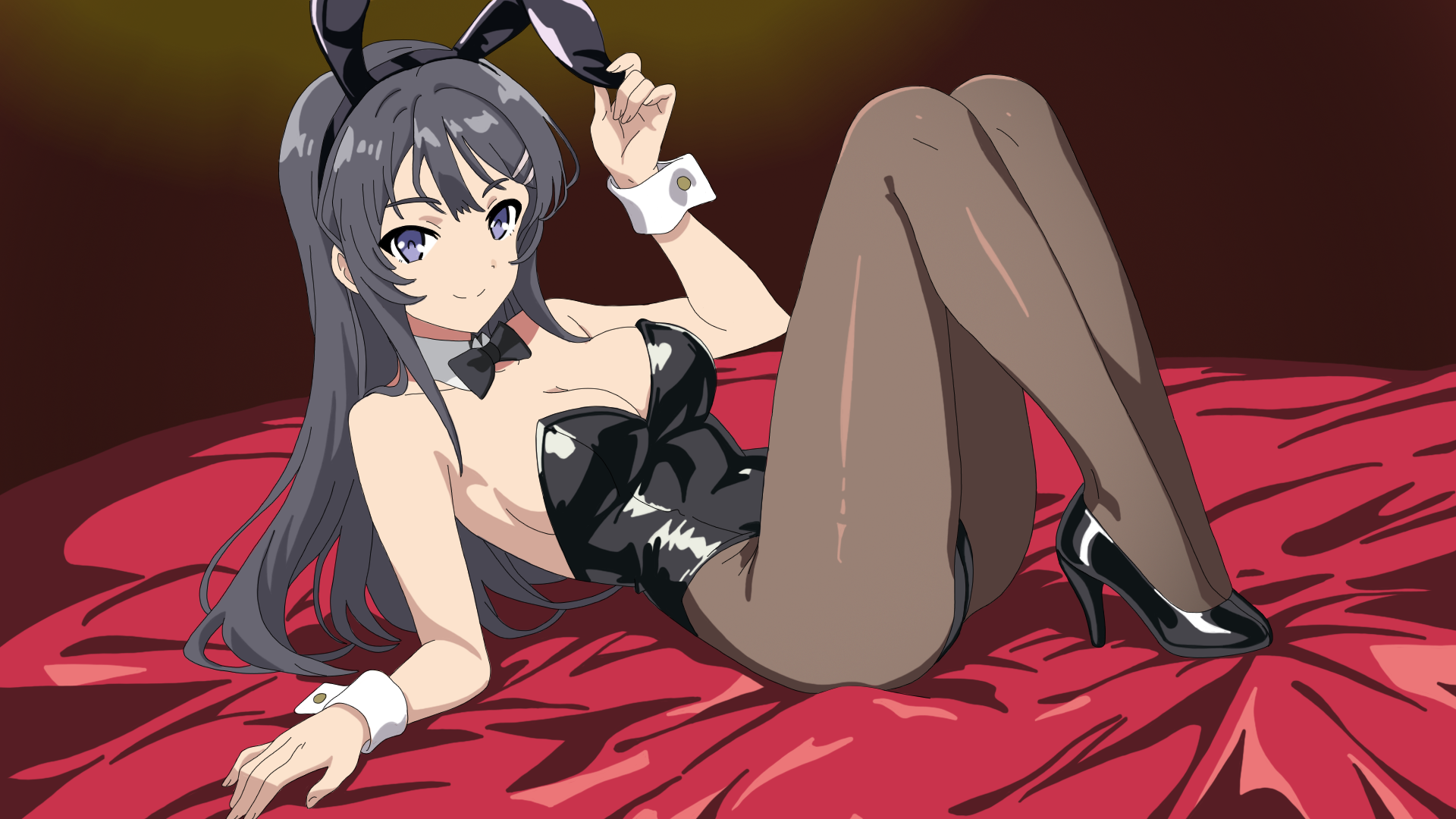 sakurajima mai, seishun buta yarou, commentary, english commentary, highres, 1girl, animal ear hairband, animal ears, black bow, black bowtie, black hair, black leotard, black pantyhose, bow, bowtie, breasts, detached collar, fake animal ears, hair ornament, hairband, hairclip, leotard, long hair, medium breasts, on bed, pantyhose, playboy bunny, purple eyes, rabbit ears, sitting, solo, strapless, strapless leotard, velvet hour, wrist cuffs
