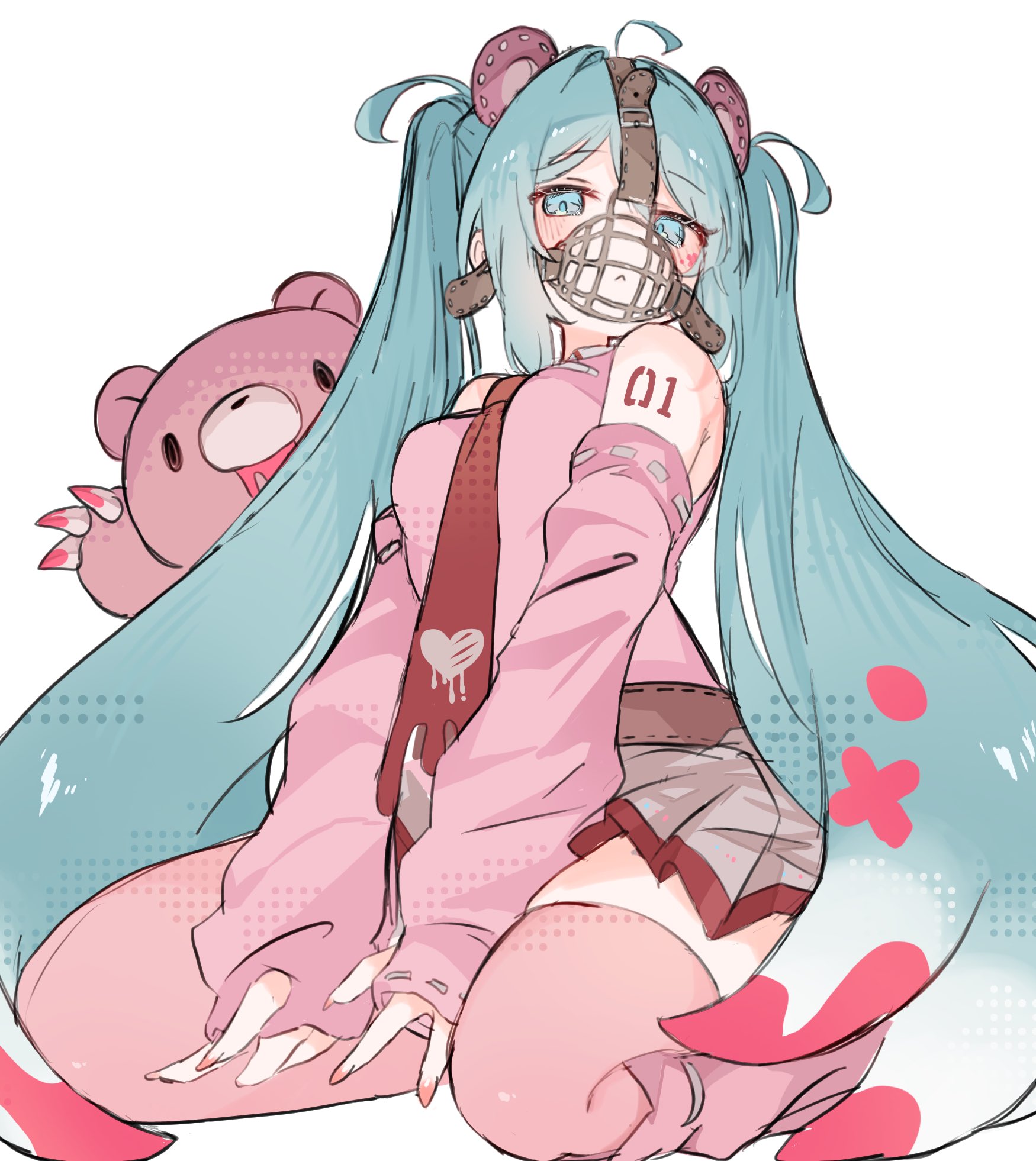 nekonika (e102k), gloomy bear, hatsune miku, vocaloid, commentary, highres, animal ears, aqua eyes, aqua hair, bear, bear ears, bear paws, detached sleeves, fake blood, long hair, muzzle (mask), necktie, number tattoo, pink nails, simple background, stuffed animal, stuffed toy, tattoo, teddy bear, twintails, very long hair