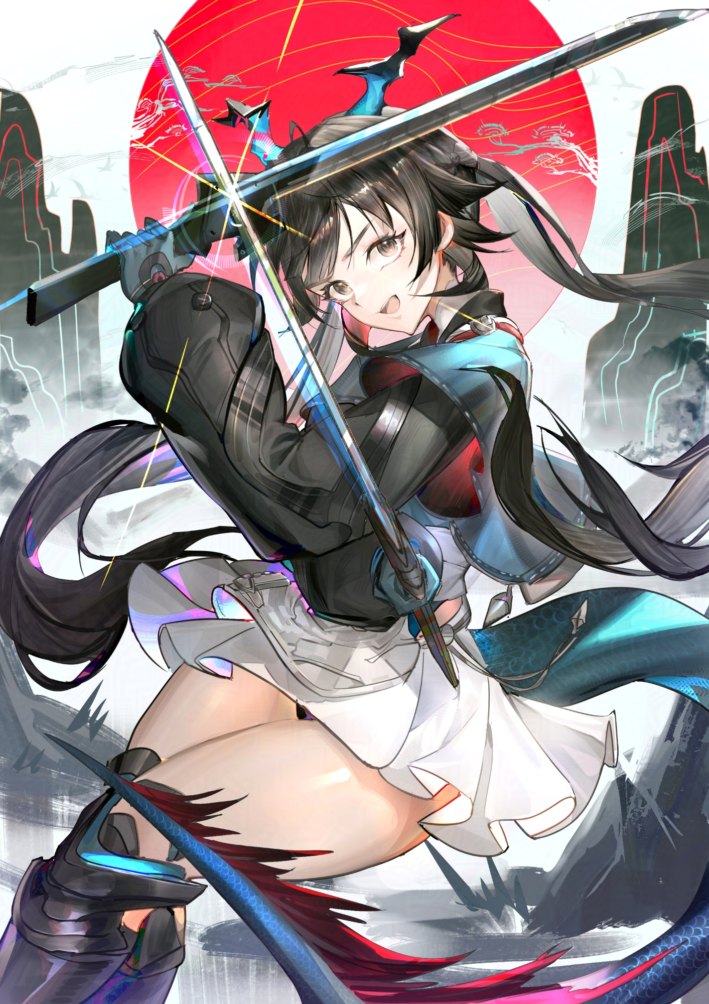 harry80779192, chen qianyu (arknights), arknights, arknights: endfield, chinese commentary, commentary, highres, 1girl, black boots, black eyes, black gloves, black hair, blue gloves, boots, crossed arms, diffraction spikes, dual wielding, feet out of frame, gloves, holding, holding sword, holding weapon, horns, long sleeves, looking at viewer, miniskirt, open mouth, puffy long sleeves, puffy sleeves, red sun, skirt, solo, standing, sword, tail, thigh boots, weapon, white skirt