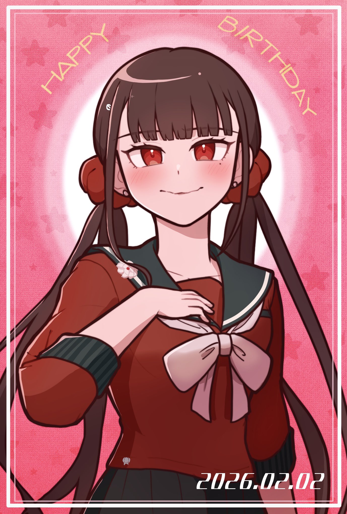 kirin (suzoke 1), harukawa maki, danganronpa (series), danganronpa v3: killing harmony, commentary request, highres, 1girl, black sailor collar, blunt bangs, brown hair, hair ornament, hair scrunchie, long hair, long sleeves, looking at viewer, low twintails, mole, mole under eye, pleated skirt, red eyes, red scrunchie, red shirt, sailor collar, school uniform, scrunchie, shirt, skirt, smile, solo, twintails