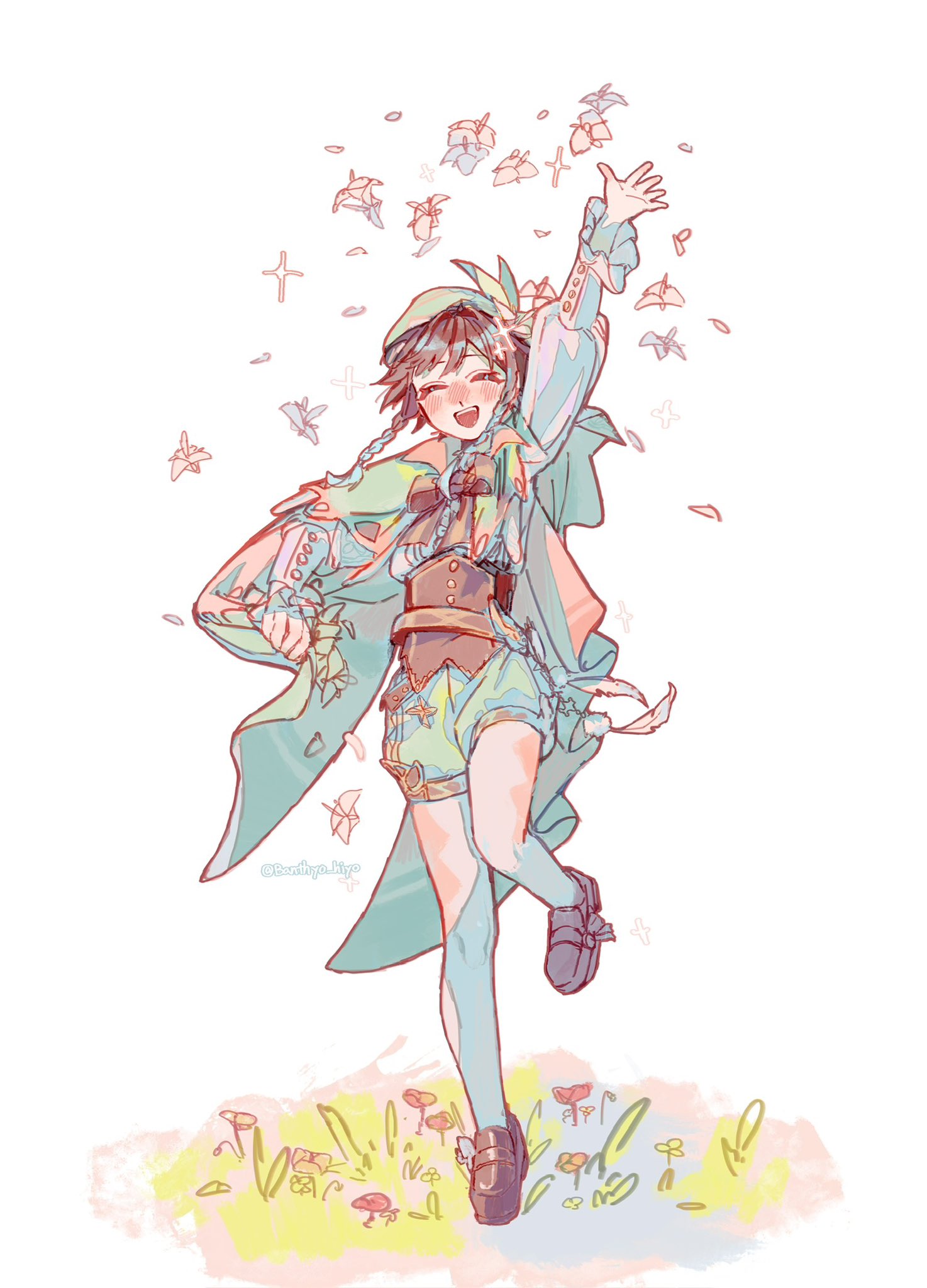 venti (genshin impact), genshin impact, commentary, highres, symbol-only commentary, 1boy, androgynous, argyle clothes, argyle pantyhose, arm up, artist name, baggy shorts, banthyo hiyo, belt, beret, black hair, blue hair, blush, bow, bowtie, braid, brown belt, brown bow, brown bowtie, brown corset, brown shoes, buttons, cape, closed eyes, collared cape, collared shirt, corset, feathers, floating cape, flower, full body, gradient hair, grass, green cape, green hat, green shorts, hair between eyes, happy, hat, hat flower, hat ornament, holding, holding flower, leaf hat ornament, long sleeves, male focus, multicolored hair, open mouth, orange cape, orange flower, pantyhose, petals, pom pom (clothes), puffy long sleeves, puffy sleeves, red flower, shirt, shoes, short hair, shorts, simple background, smile, solo, sparkle, standing, standing on one leg, striped bow, striped bowtie, striped clothes, teeth, twin braids, two-sided cape, two-sided fabric, two-tone hair, white background, white flower, white pantyhose, white shirt, yellow flower