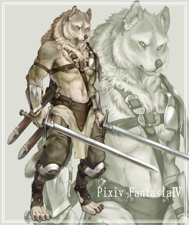 afd-yred, nagamori kouta, pixiv fantasia, pixiv fantasia 4, 1boy, abs, animal ears, armor, belt, buckle, dual wielding, furry, furry male, gauntlets, holding, male focus, piercing, scabbard, sheath, solo, standing, strap, sword, weapon, werewolf, wolf, wolf ears, yellow eyes