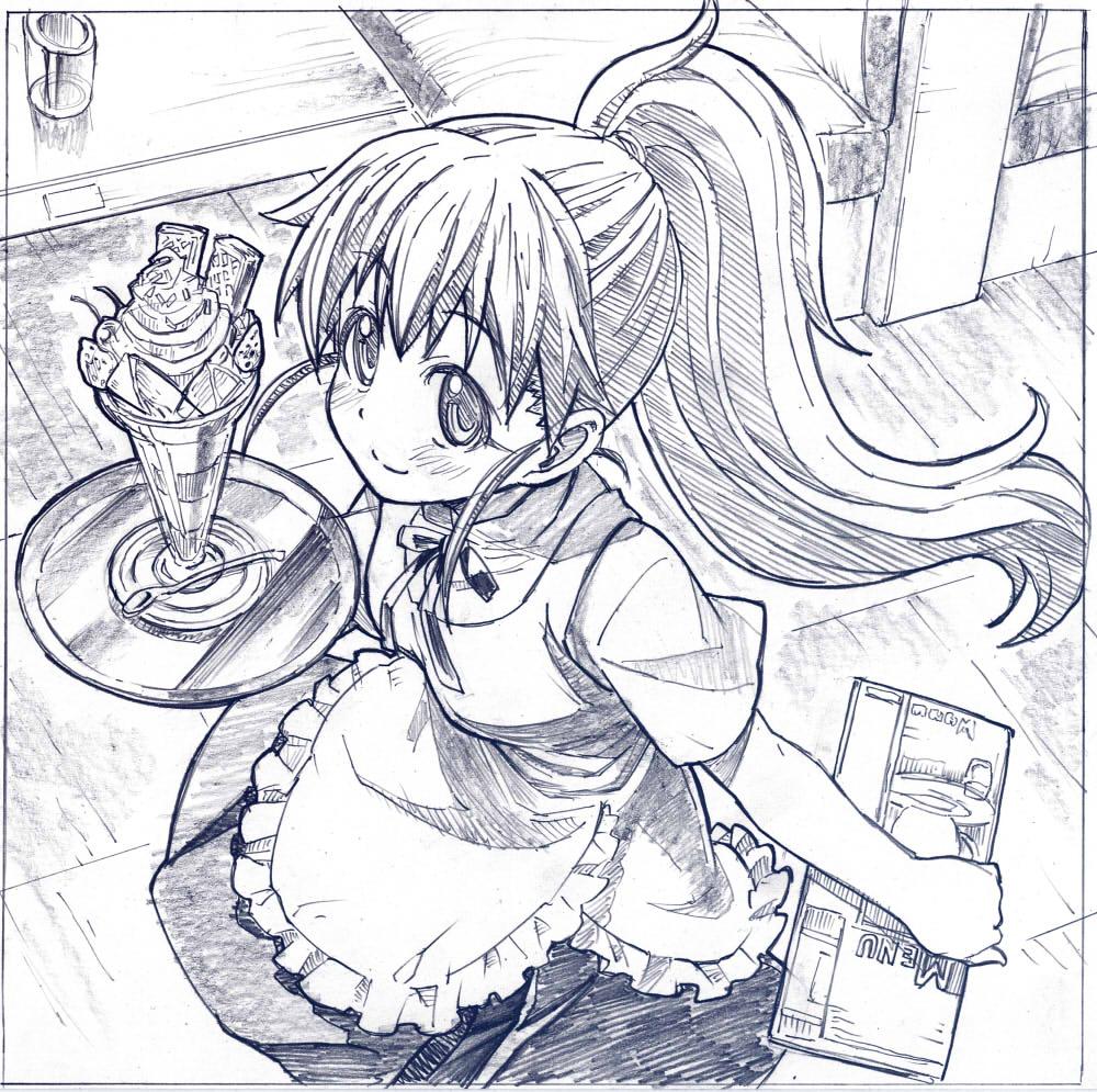 sakino shingetsu, taneshima popura, working!!, traditional media, 1girl, apron, blue theme, dessert, female focus, food, from above, long hair, monochrome, ponytail, restaurant, skirt, smile, solo, tray, waitress