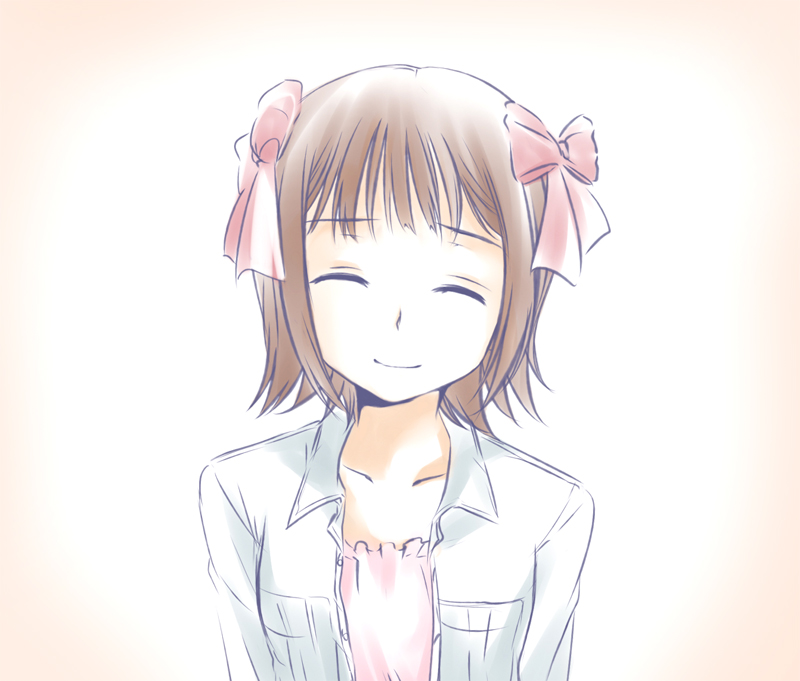 ds (artist), ds (ndsl), amami haruka, idolmaster, idolmaster (classic), 1girl, ^ ^, closed eyes, collarbone, female focus, hair ribbon, jacket, long sleeves, open clothes, open jacket, pocket, red ribbon, ribbon, smile, solo, upper body