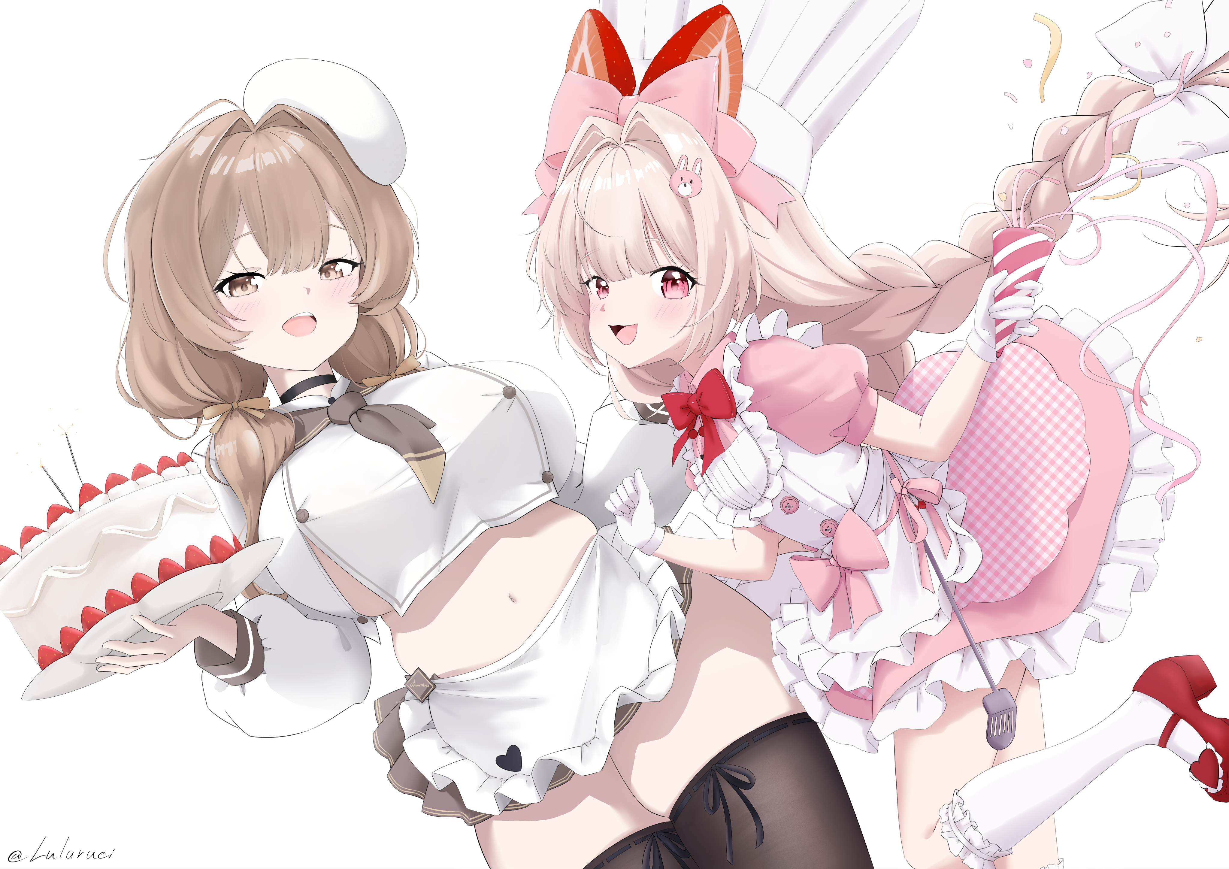 bready (nikke), crust (nikke), goddess of victory: nikke, absurdres, commentary, english commentary, highres, 2girls, apron, black thighhighs, braid, breasts, brown eyes, brown hair, crop top, dress, frilled dress, frills, holding, holding plate, looking at viewer, mary janes, multiple girls, open mouth, pink dress, pink hair, plate, red eyes, red shoes, shirt, shoes, smile, thighhighs, twin braids, wataamerakugaki, white apron, white shirt, white thighhighs