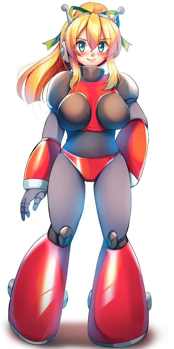 niwatori (eck16614), hyper roll (marvel vs. capcom), roll (mega man), marvel vs. capcom, mega man (classic), mega man (series), commentary, english commentary, highres, 1girl, :d, aged up, android, antennae, arm behind back, armor, armored boots, arms up, bikini, bikini armor, blonde hair, blue background, blue eyes, blush, bodysuit, boots, breasts, earphones, full body, gorget, green eyes, green ribbon, hair between eyes, hair ribbon, hairband, hand on own hip, headphones, joints, knee boots, knee pads, large breasts, long hair, looking at viewer, mechanical arms, mechanical boots, mechanical legs, open mouth, ponytail, radio antenna, red armor, red bikini, red boots, ribbon, robot, robot girl, robot joints, shoulder armor, sidelocks, signature, simple background, smile, solo, swimsuit, teeth, upper teeth only, white background