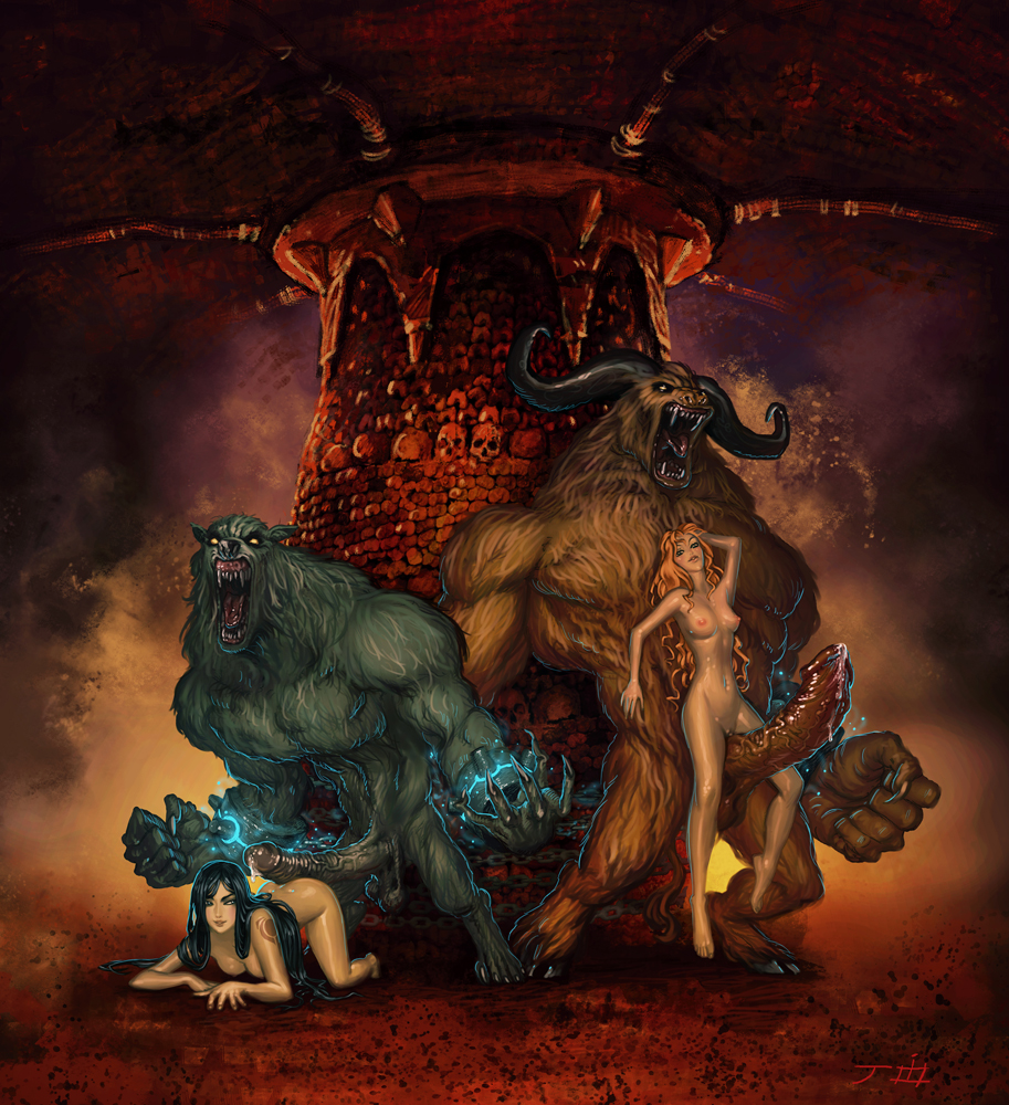 joixxx, maria renard, shanoa (castlevania), castlevania: order of ecclesia, castlevania: symphony of the night, castlevania (series), konami, 2boys, 2girls, black hair, blonde hair, cum, dungeon, hetero, long hair, looking at viewer, minotaur, monster, multiple boys, multiple girls, nude, penis, tattoo, werewolf