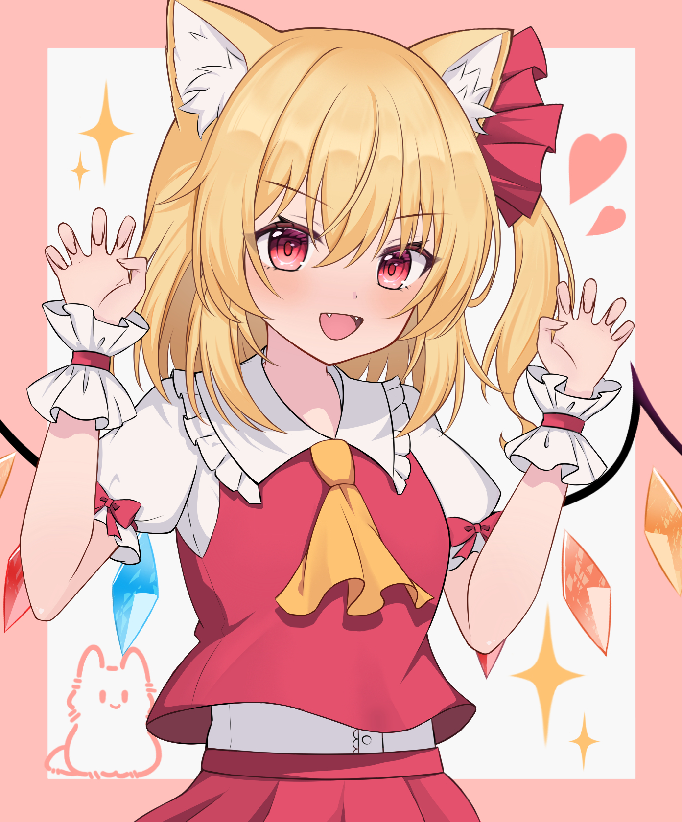 flandre scarlet, touhou, commentary, highres, symbol-only commentary, 1girl, animal ear fluff, animal ears, ascot, blonde hair, blush, cat ears, cat girl, claw pose, collared shirt, crystal, crystal wings, fang, fangs, frilled shirt collar, frills, hat, kemonomimi mode, multicolored wings, nano., one side up, open mouth, red eyes, red skirt, red vest, shirt, skirt, skirt set, smile, solo, vest, white shirt, wings, wrist cuffs, yellow ascot