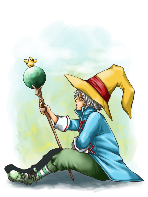 regorock, black mage (final fantasy), chicobo, chocobo, hope estheim, vivi, final fantasy, final fantasy xiii, bad id, bad pixiv id, 10s, 1boy, hat, male focus, sitting, solo, staff, wizard hat