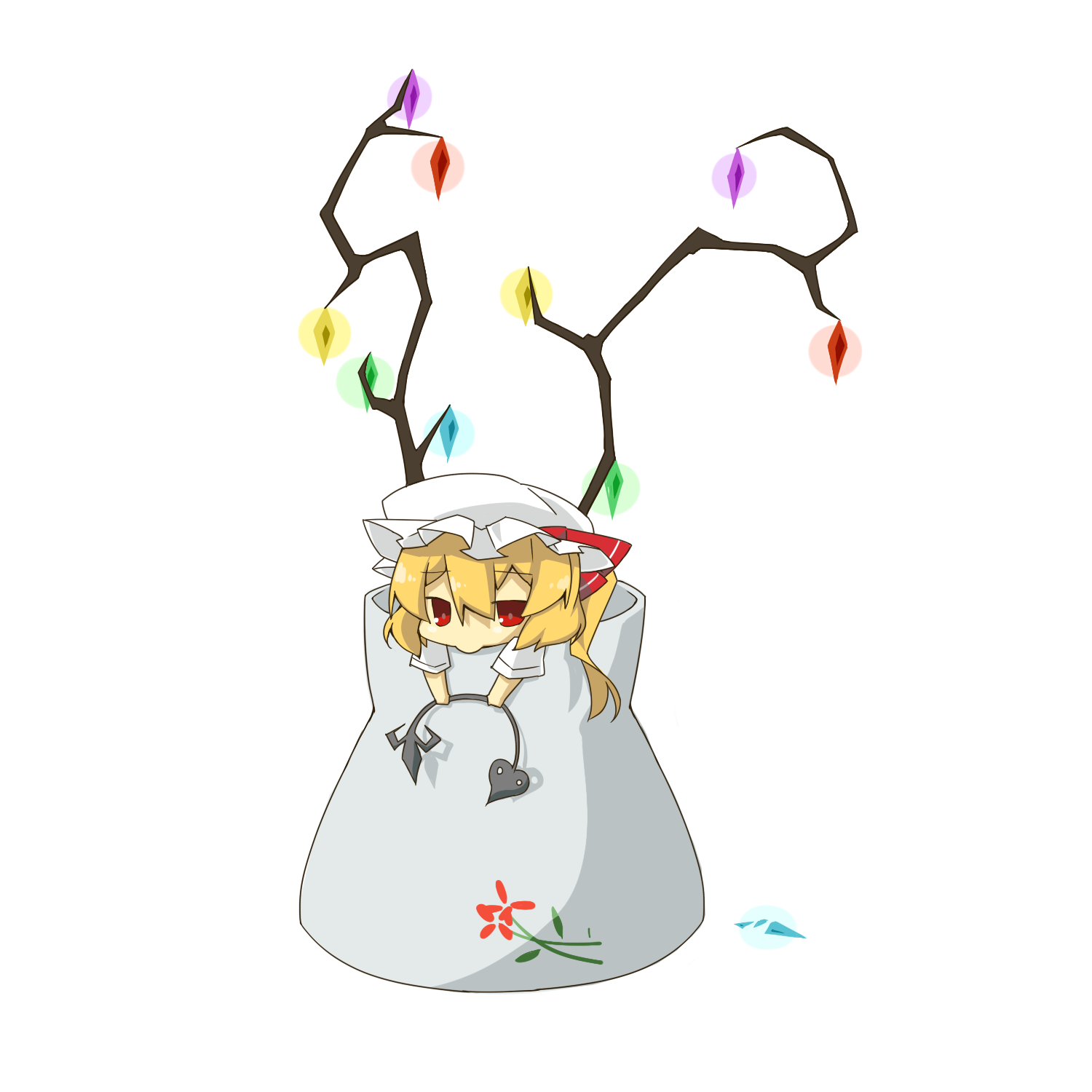 eiri (eirri), flandre scarlet, touhou, bad id, bad pixiv id, highres, 1girl, :>, alternate wings, blonde hair, chibi, female focus, hat, in container, laevatein, red eyes, solo, vase, wings