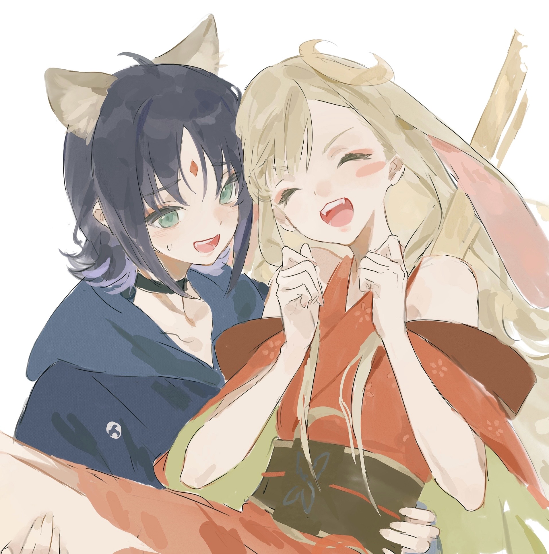 chinese commentary, commentary request, highres, 2girls, animal ears, blonde hair, blush, cho kaguya-hime!, choker, closed eyes, fangs, flustered, fox ears, green eyes, holding another's waist, long hair, multiple girls, orchid l, purple hair, rabbit ears, short hair, smile, sweatdrop, white background, yuri