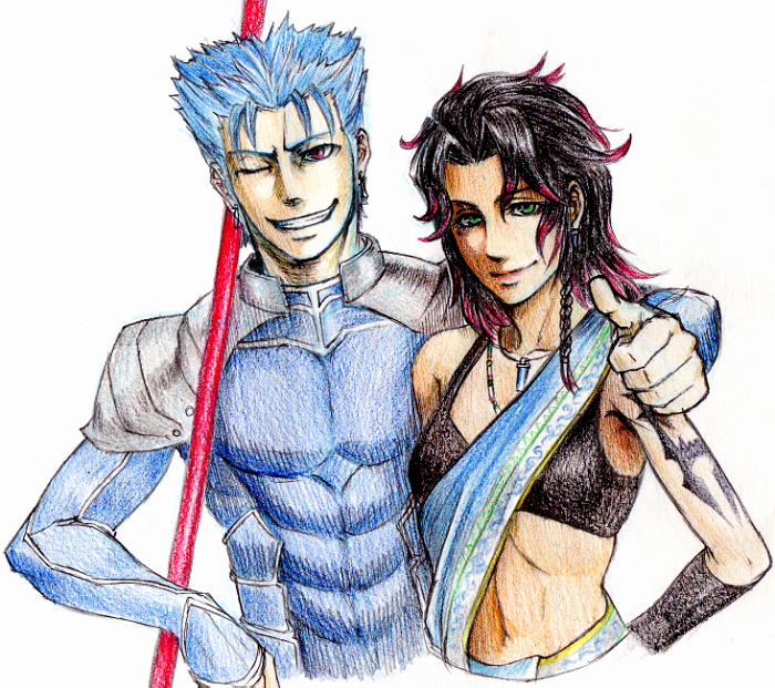 take (takemikazuchi), cu chulainn (fate), cu chulainn (fate/stay night), cu chulainn (lancer) (fate), oerba yun fang, fate/stay night, fate (series), final fantasy, final fantasy xiii, colored pencil (medium), traditional media, 10s, 1boy, 1girl, crossover, earrings, gae bolg (fate), green eyes, jewelry, polearm, red eyes, spear, tattoo, weapon