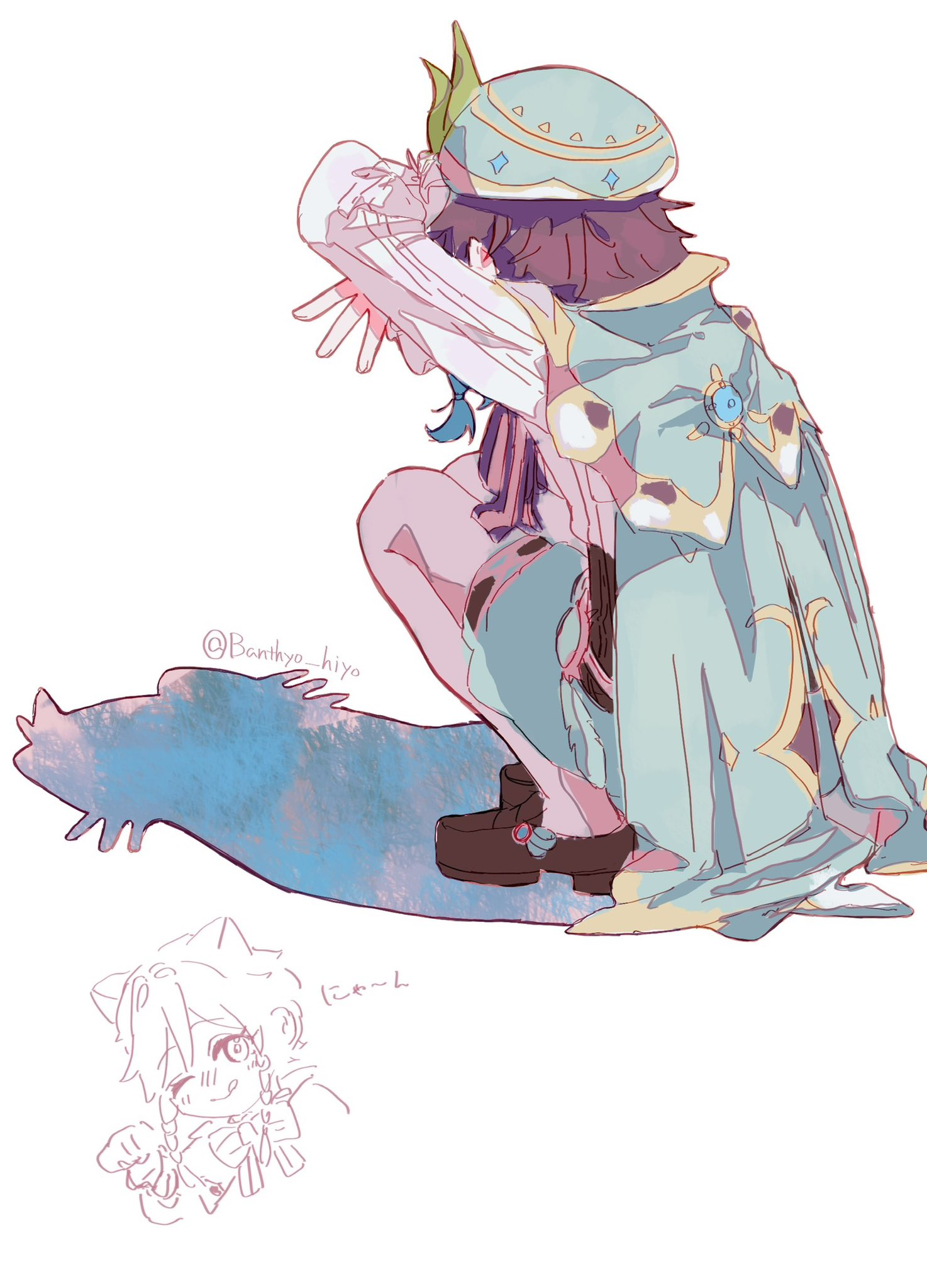 venti (genshin impact), genshin impact, commentary request, highres, 1boy, androgynous, animal ears, arms up, artist name, baggy shorts, banthyo hiyo, beret, black bow, black bowtie, black corset, black hair, blue hair, blush, bow, bowtie, braid, brown shoes, cape, cat ears, cat shadow puppet (meme), clenched hand, closed mouth, corset, crossed arms, frills, full body, gradient hair, green cape, green hat, green shorts, hand up, hat, hat ornament, kemonomimi mode, leaf hat ornament, long sleeves, looking at viewer, male focus, meme, multicolored hair, no headwear, one eye closed, pantyhose, puffy long sleeves, puffy sleeves, shadow, shirt, shoes, short hair, shorts, simple background, smile, solo, squatting, striped bow, striped bowtie, striped clothes, tongue, tongue out, twin braids, two-tone hair, white background, white pantyhose, white shirt