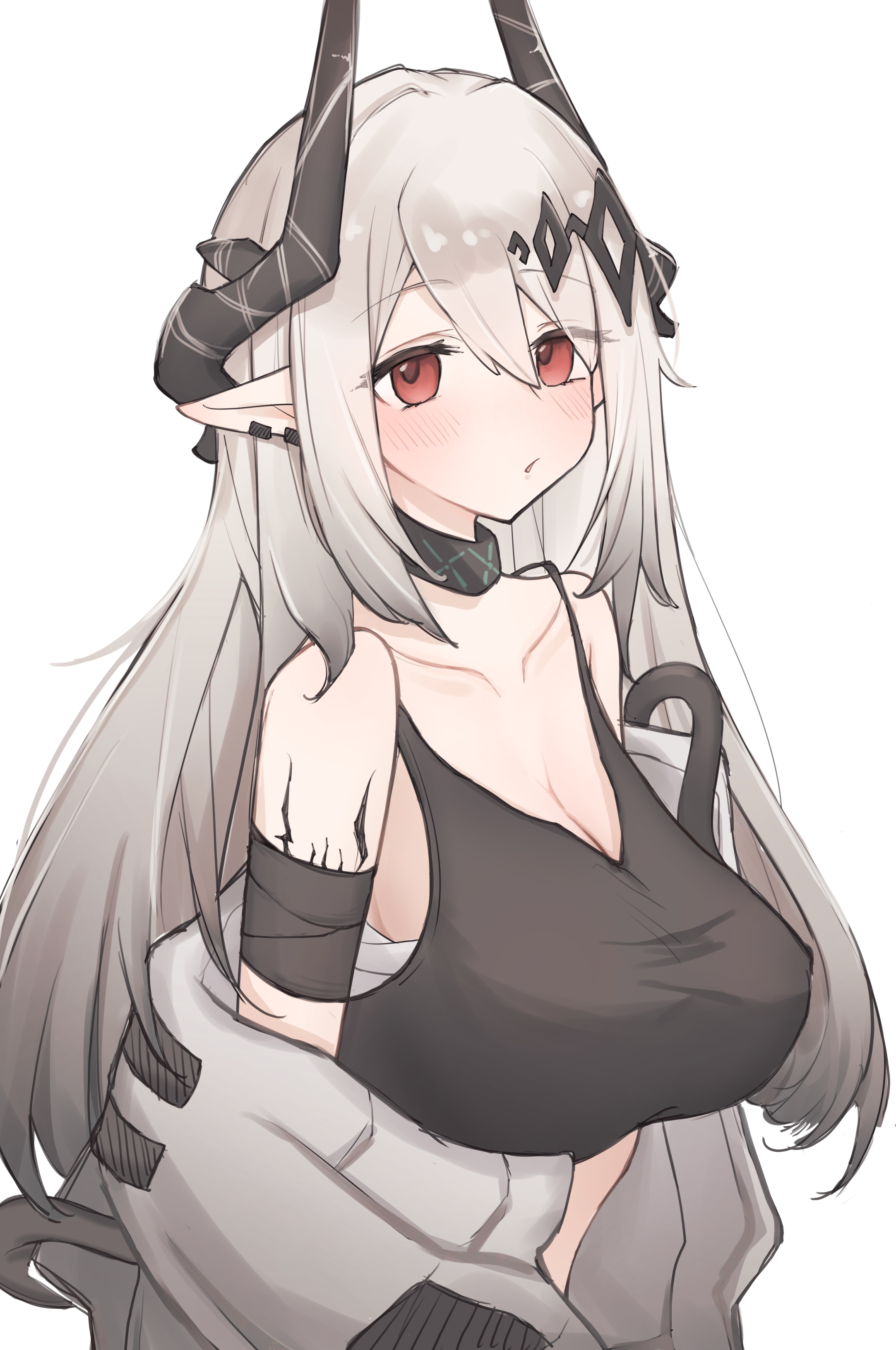 infection monitor (arknights), mudrock (arknights), mudrock (elite ii) (arknights), arknights, absurdres, commentary, highres, 1girl, bandaged arm, bandages, bare shoulders, black horns, black sports bra, breasts, cleavage, collarbone, grey hair, hair between eyes, horns, large breasts, long hair, looking at viewer, material growth, off shoulder, oripathy lesion (arknights), p qlia, parted lips, pointy ears, red eyes, simple background, solo, sports bra, upper body, white background