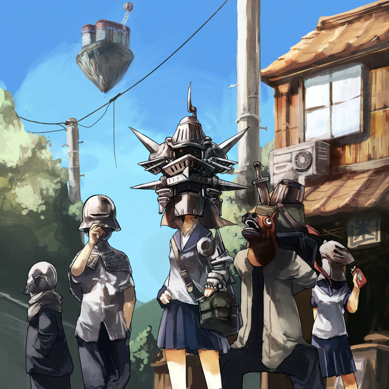 gregorius yamada, 2girls, 3boys, floating island, helmet, horse mask, mask, multiple boys, multiple girls, outdoors, road, school uniform, serafuku, skirt, sky, street, what