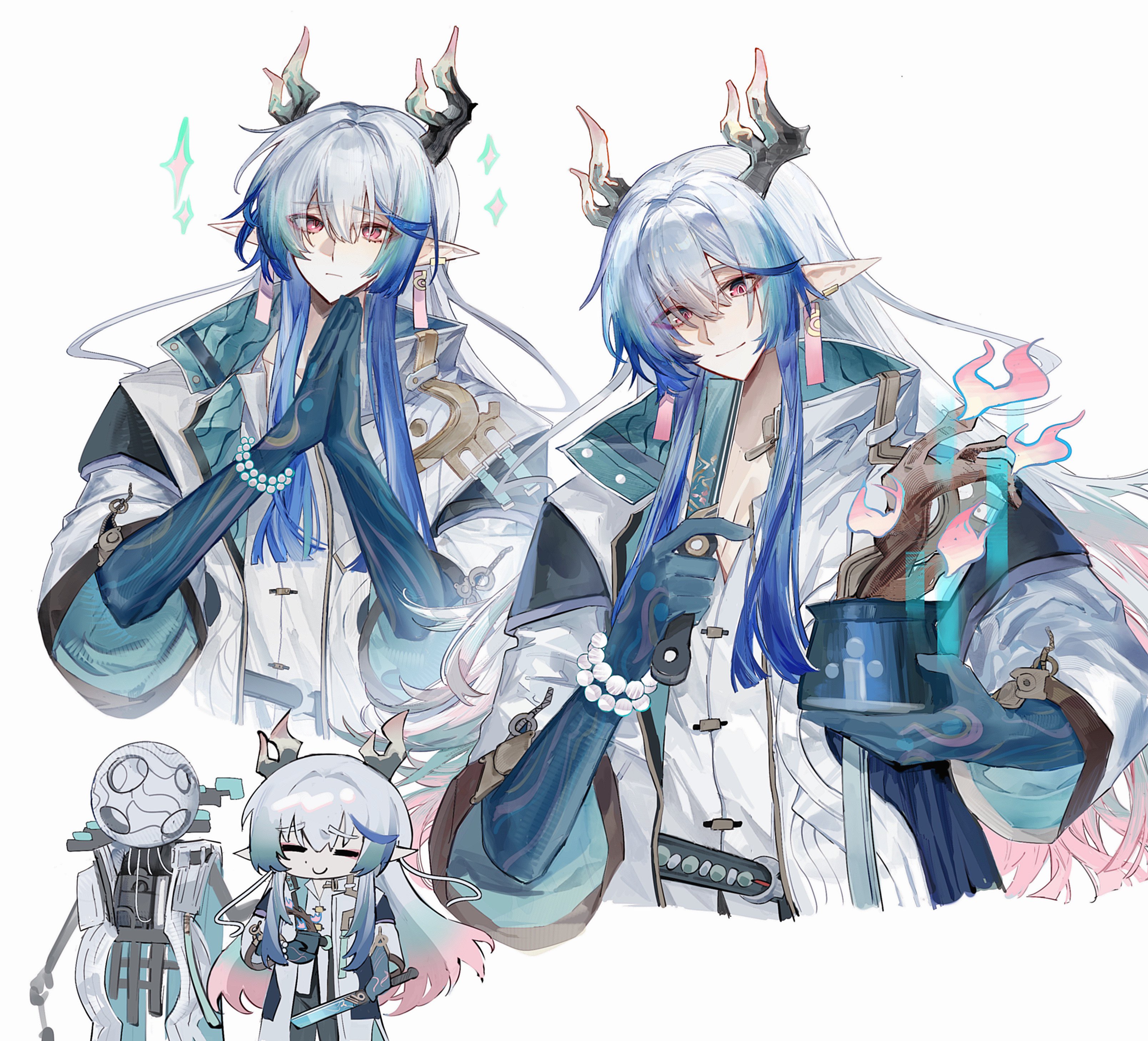 bochishiraita, yi (arknights), arknights, absurdres, commentary, highres, symbol-only commentary, 2boys, blue hair, blue hands, chibi, closed eyes, coat, colored extremities, dragon horns, fire, gradient hair, holding, holding plant, holding sword, holding weapon, horns, liang (arknights), long hair, long sleeves, male focus, multicolored hair, multiple boys, multiple views, own hands together, pink eyes, pink fire, pink hair, plant, pointy ears, potted plant, robot, smile, sword, upper body, weapon, white coat