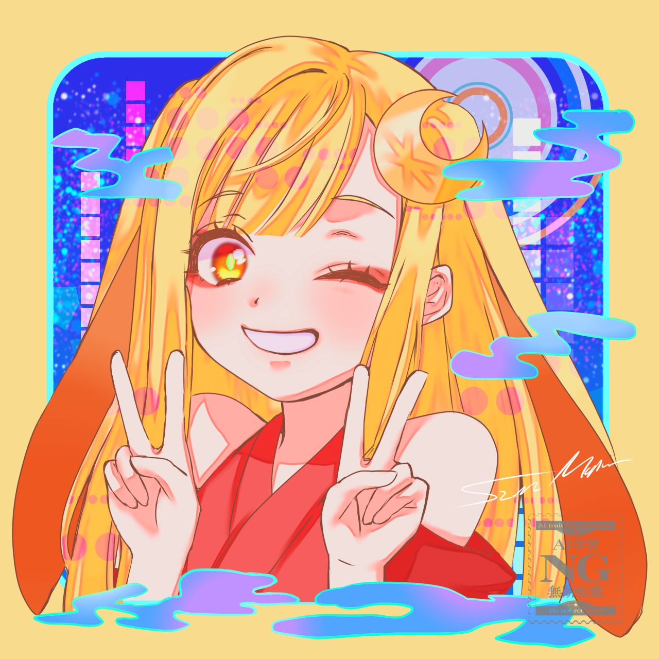 commentary request, highres, partial commentary, 1girl, animal ears, blonde hair, blue background, border, cho kaguya-hime!, crescent, crescent hair ornament, double v, eyeshadow, floppy ears, hair ornament, hands up, kaguya (cho kaguya-hime!), long hair, looking at viewer, lop rabbit ears, makeup, one eye closed, rabbit ears, red eyeshadow, smile, solo, tdkmaru, upper body, v, yellow border