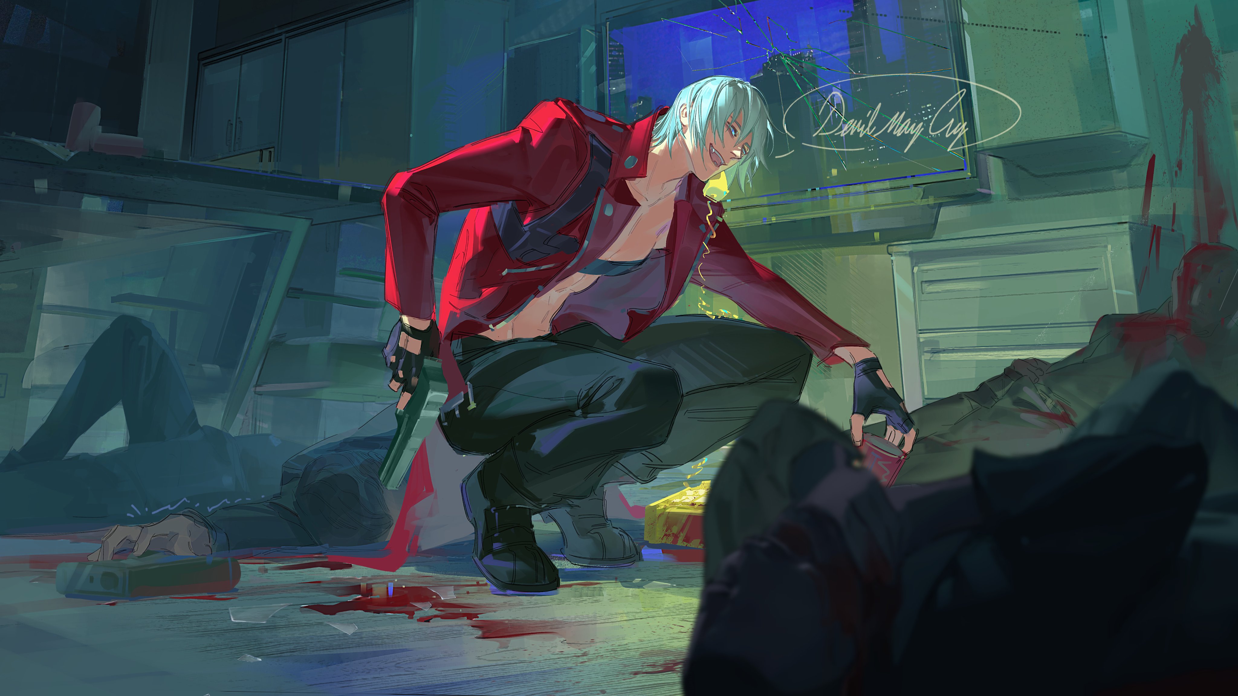 warsong zhange, dante (devil may cry), devil may cry (series), absurdres, commentary request, highres, 1boy, 3boys, black gloves, blood, blue eyes, coat, faceless, faceless male, fingerless gloves, gloves, holding, holding weapon, jacket, looking at viewer, lying, male focus, multiple boys, on back, red coat, short hair, smile, solo, weapon, white hair