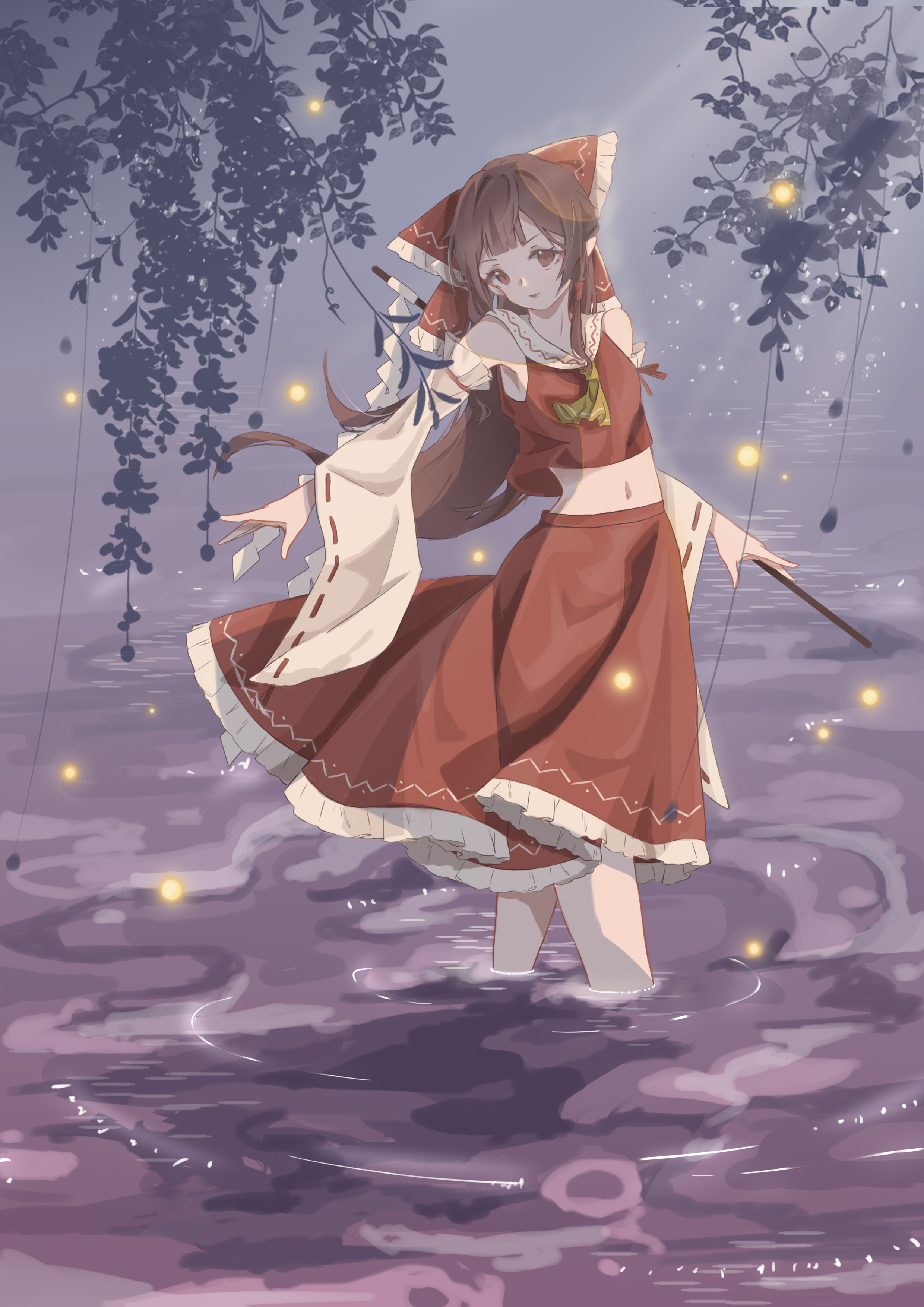jing-endorphin, hakurei reimu, touhou, absurdres, commentary request, highres, 1girl, ascot, bow, breasts, brown eyes, brown hair, detached sleeves, frilled bow, frilled hair tubes, frilled skirt, frills, gohei, hair bow, hair tubes, long hair, looking at viewer, midriff, navel, purple water, red bow, red skirt, ribbon-trimmed sleeves, ribbon trim, skirt, skirt set, small breasts, solo, wading, water, yellow ascot
