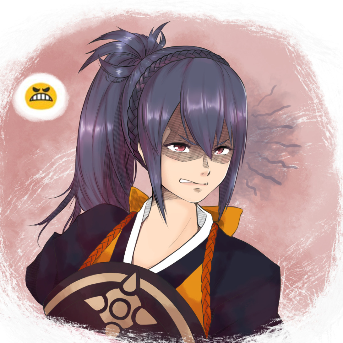 lithety, oboro (fire emblem), fire emblem, fire emblem fates, nintendo, commentary, english commentary, 1girl, angry, armor, blue hair, braid, crown braid, emoji, hair between eyes, high ponytail, japanese armor, japanese clothes, long hair, looking at viewer, ponytail, shaded face, solo