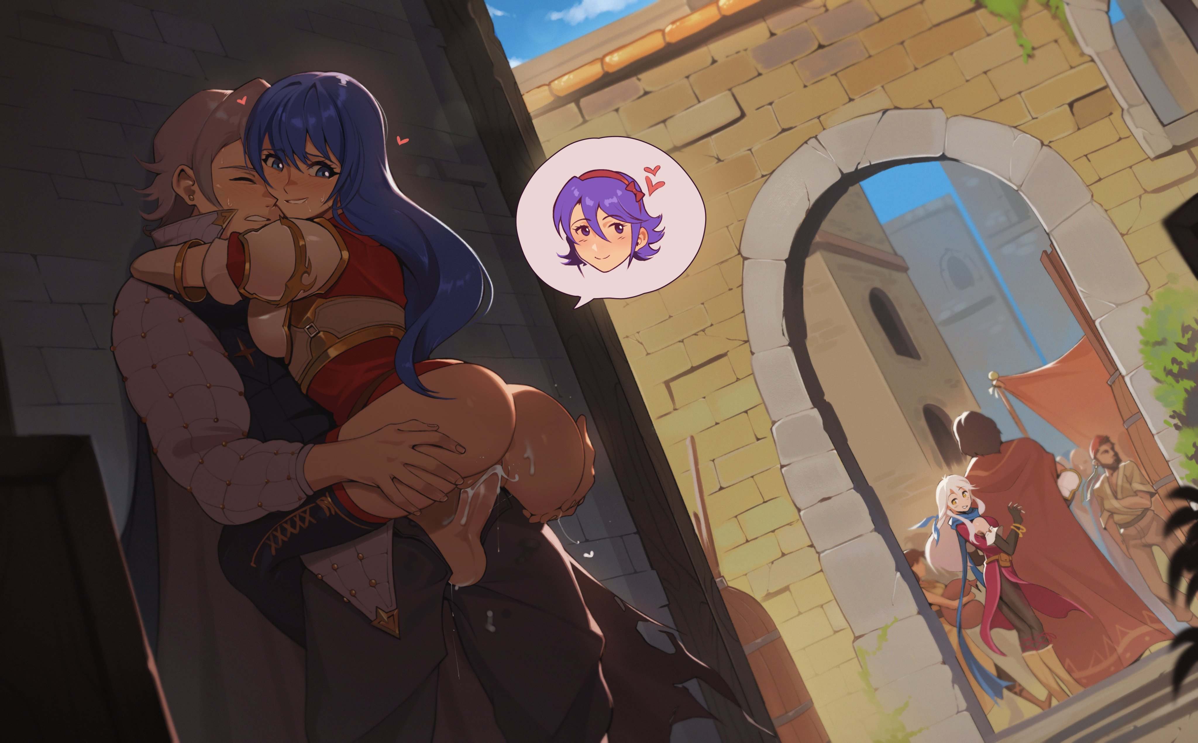 timbocactus, caeda (fire emblem), laslow (fire emblem), micaiah (fire emblem), soleil (fire emblem), fire emblem, fire emblem: mystery of the emblem, fire emblem: radiant dawn, fire emblem fates, nintendo, absurdres, commentary, highres, symbol-only commentary, 3girls, 4boys, against wall, alley, anus, anus peek, armor, ass, blue hair, breasts, cape, caught, drooling, exhibitionism, grey hair, grin, hetero, hug, implied pregnancy, impregnation, in-franchise crossover, looking back, looking down, medium breasts, multiple boys, multiple girls, penis, public indecency, pussy, saliva, saliva trail, scarf, sex, shade, shoulder armor, smile, spoken character, stealth sex, suspended congress, vaginal