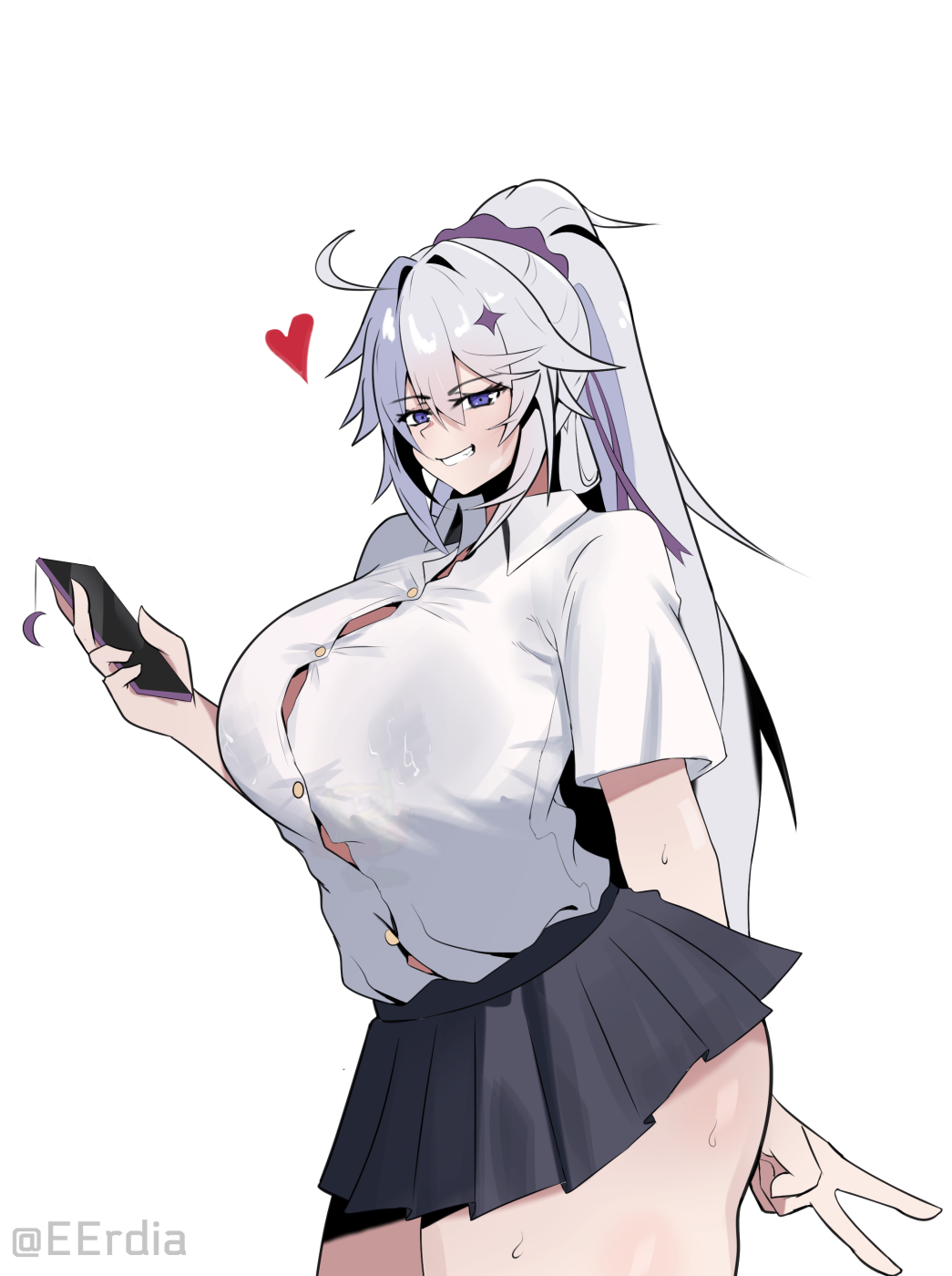 eruda erudia, kiana kaslana, honkai (series), honkai impact 3rd, commentary, english commentary, highres, 1girl, ahoge, alternate breast size (larger), black skirt, breasts, cellphone, collared shirt, cowboy shot, curvy, from behind, grin, hair ribbon, heart, holding, holding phone, huge breasts, long hair, looking down, miniskirt, phone, pleated skirt, ponytail, purple eyes, purple ribbon, ribbon, school uniform, shirt, shirt tucked in, short sleeves, sidelocks, simple background, skirt, smartphone, smile, smug, thick thighs, thighs, twitter username, v, very long hair, white background, white hair, white shirt
