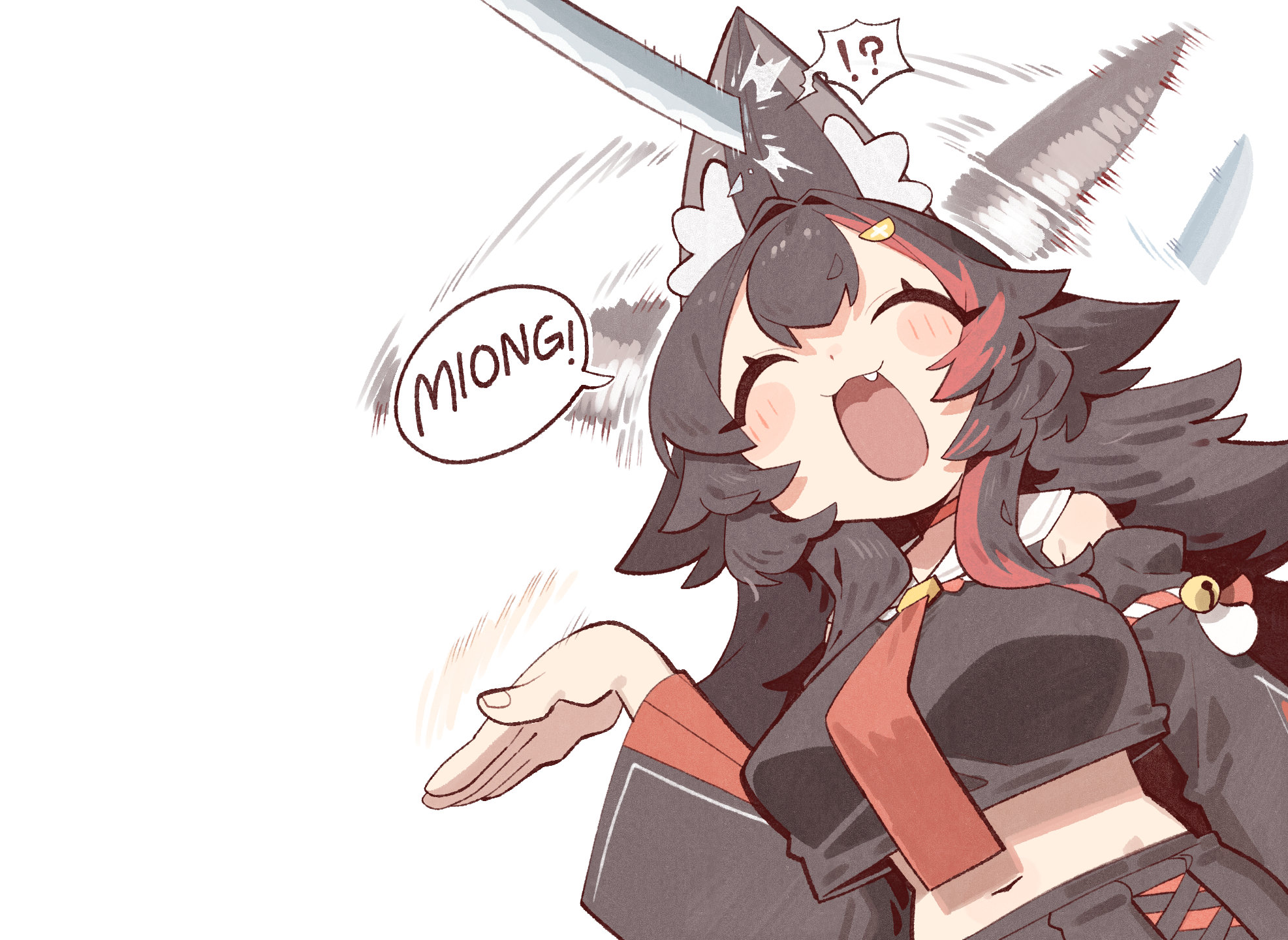 cocomayo29 (tomato), ookami mio, ookami mio (1st costume), hololive, commentary request, highres, korean commentary, 1girl, afterimage, animal ears, bare shoulders, black hair, black shirt, blush stickers, breasts, closed eyes, cropped shirt, fang, large breasts, long hair, multicolored hair, navel, necktie, purple eyes, red hair, red necktie, shirt, simple background, smear frame, solo, streaked hair, two-tone hair, white background, wolf ears, wolf girl