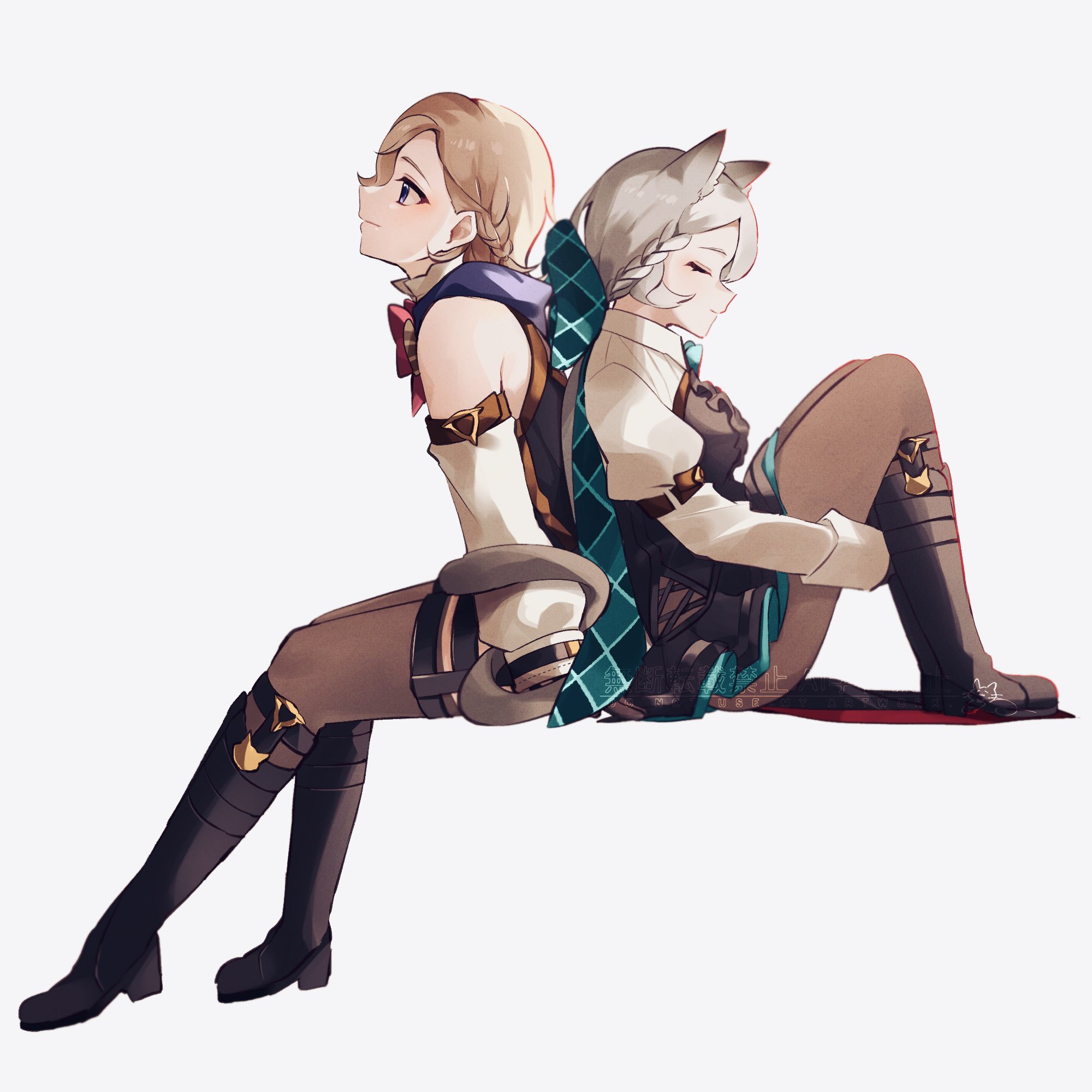 nekorin chu, lynette (genshin impact), lyney (genshin impact), genshin impact, commentary request, highres, 1boy, 1girl, animal ear fluff, animal ears, aqua bow, aqua bowtie, arm support, back-to-back, black boots, black corset, black dress, black gloves, blonde hair, boots, bow, bowtie, braid, brother and sister, brown bow, brown bowtie, brown pantyhose, brown thighhighs, cat ears, cat girl, cat tail, closed eyes, closed mouth, corset, detached sleeves, dress, gloves, grey hair, hair between eyes, hair bow, huge bow, invisible chair, juliet sleeves, knees up, long hair, long sleeves, looking ahead, low ponytail, pantyhose, parted bangs, pleated dress, ponytail, puffy sleeves, purple eyes, red bow, red bowtie, shirt, short dress, short hair, shrug (clothing), siblings, simple background, single braid, sitting, sleeve cuffs, sleeveless, sleeveless shirt, smile, tail, tail around arm, thighhighs, twins, white background, white shirt, white sleeves