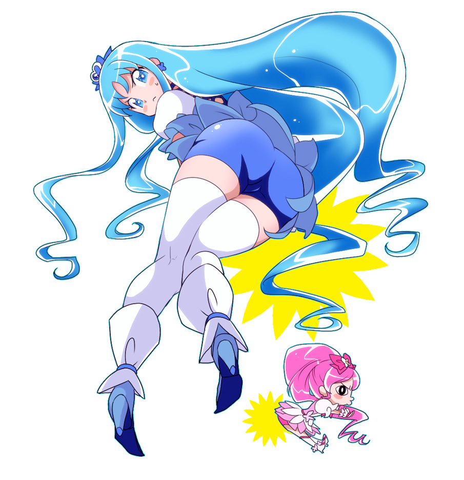 mossu, cure blossom, cure marine, hanasaki tsubomi, kurumi erika, heartcatch precure!, precure, bad id, bad pixiv id, 10s, 2girls, ass, bike shorts, blue eyes, blue hair, blue skirt, hair ornament, high ponytail, long hair, magical girl, multiple girls, pink hair, ponytail, shorts, shorts under skirt, skirt, thighhighs, very long hair, white background, white thighhighs
