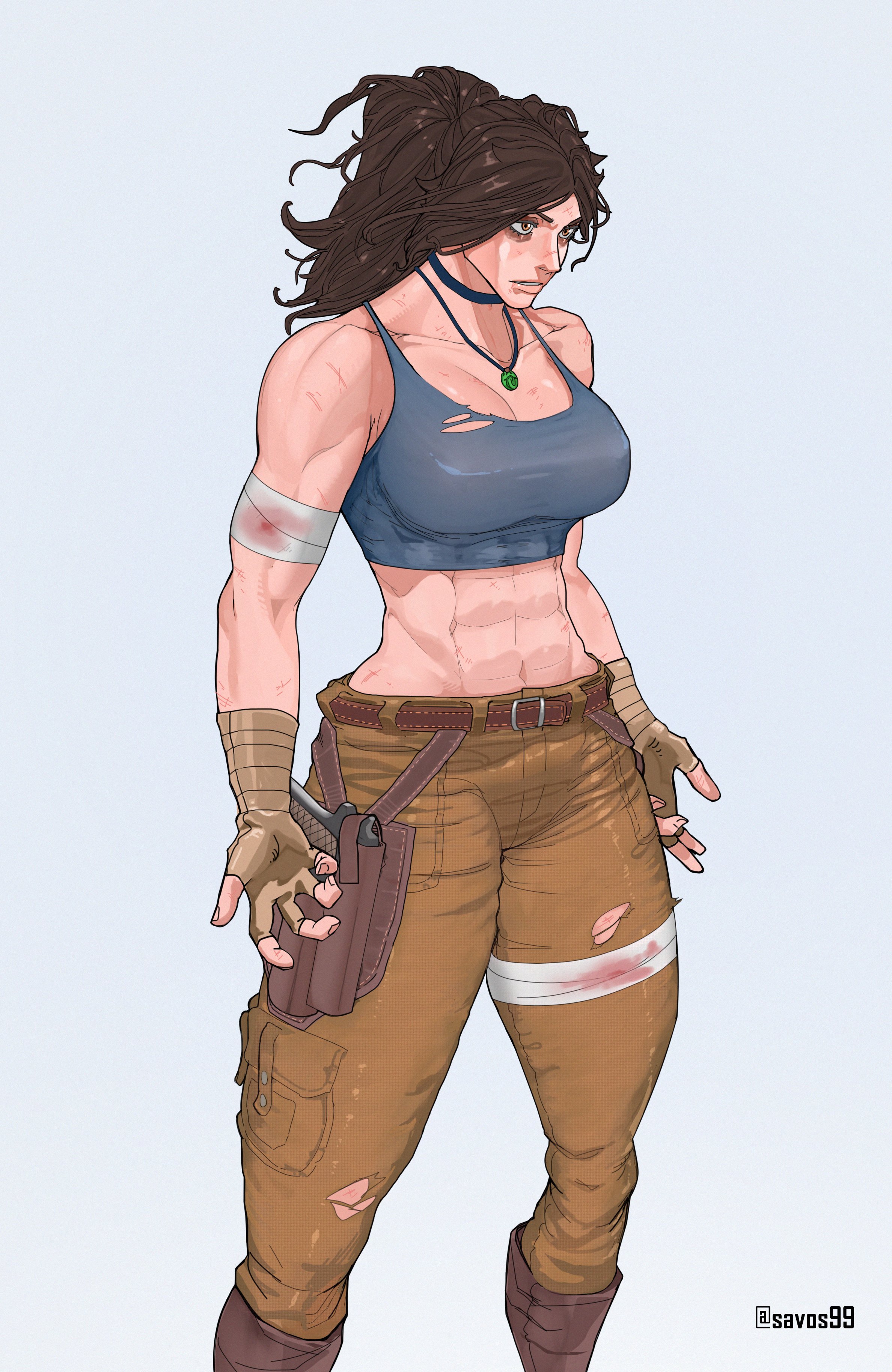 savos99, lara croft, tomb raider, absurdres, commentary, english commentary, highres, 1girl, abs, arms at sides, artist name, bandaged arm, bandaged leg, bandages, belt, black choker, blood, bloody bandages, boots, breasts, brown eyes, brown hair, brown pants, choker, collarbone, facing to the side, fingerless gloves, gloves, gun, handgun, jewelry, lips, looking ahead, messy hair, muscular, narrow waist, navel, necklace, nose, open hands, pants, ponytail, simple background, solo, tank top, torn clothes, torn pants, twitter username, upper body, weapon, wide hips