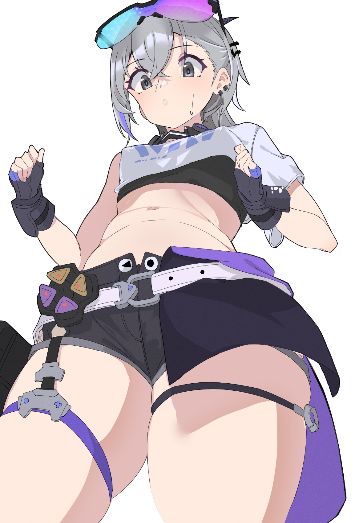 ynfkin, silver wolf (honkai: star rail), honkai: star rail, honkai (series), commentary request, highres, 1girl, black gloves, earrings, eyewear on head, fingerless gloves, gloves, goggles, goggles on head, gradient-tinted eyewear, grey eyes, grey shorts, jewelry, looking down, navel, open fly, purple-tinted eyewear, short shorts, shorts, simple background, solo, thick thighs, thigh focus, thighs, tinted eyewear, white background