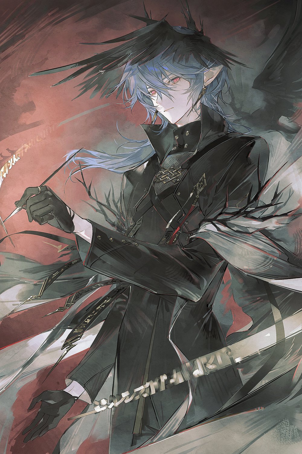 ddinut, logos (arknights), arknights, commentary request, highres, 1boy, :|, arm up, black coat, black gloves, closed mouth, coat, collared coat, double-parted bangs, gloves, grey hair, hair between eyes, head wings, holding, looking at viewer, male focus, pointy ears, popped collar, red eyes, solo, standing, wings