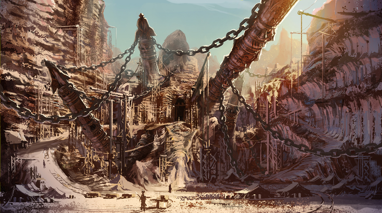 tera online, concept art, chain, day, light rays, outdoors, ruins, scenery, snow, sunlight