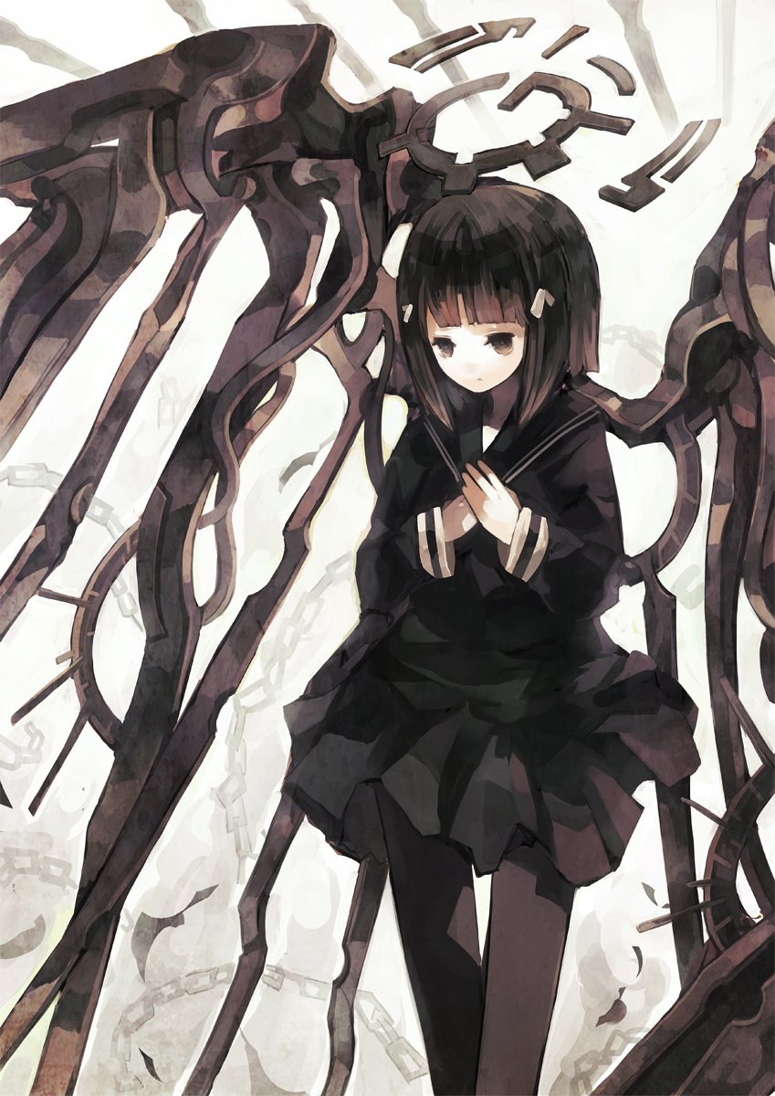 nekotewi, original, bad id, bad pixiv id, highres, 1girl, brown eyes, brown hair, female focus, pantyhose, school uniform, sidelocks, skirt, solo, white background